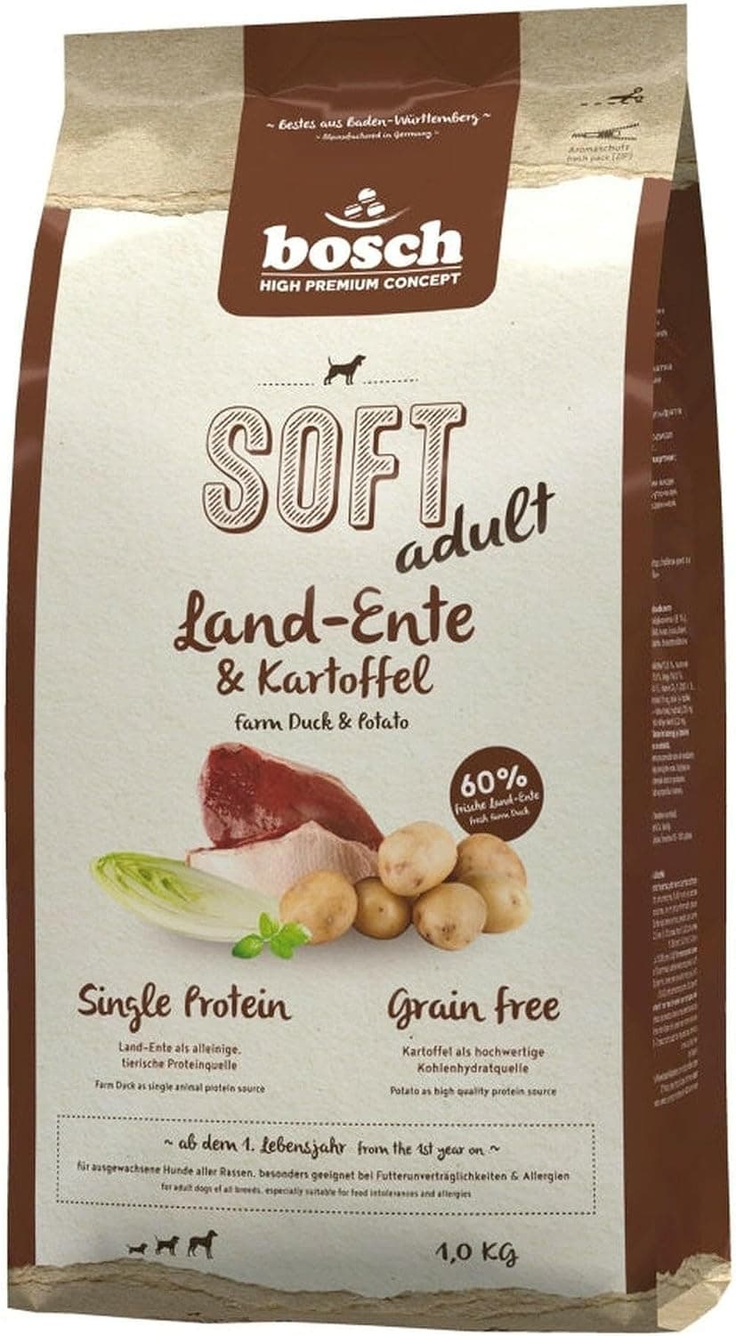 bosch HPC SOFT Pato de tierra y patata | Alimento semi-húmedo para perros adultos de todas las razas | Monoproteico | Sin cereales | 1 x 1 kg