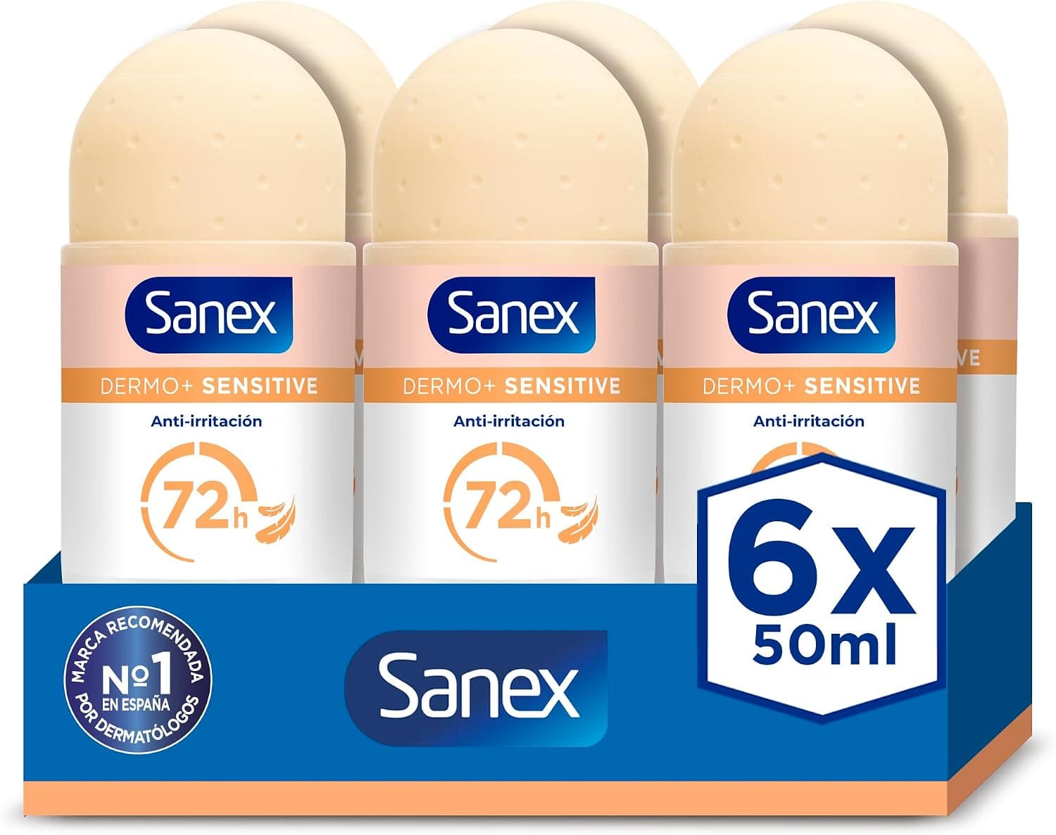 Sanex Dermo+ Sensitive, Desodorante Antitranspirante Roll-On 72h, 6x50ml