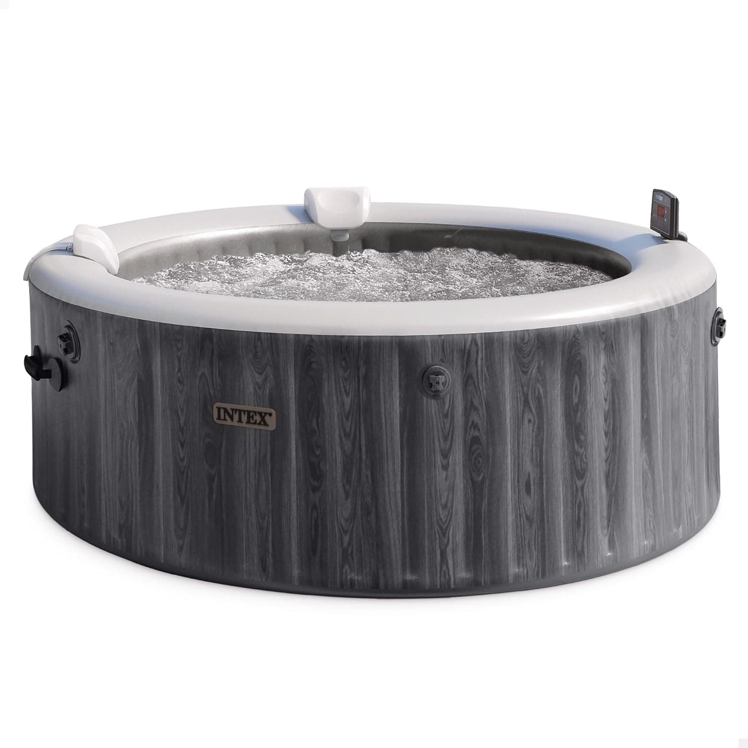 Intex SPA Hinchable Circular Greywood Deluxe, 6 Personas, Ø216x71, Calentador, 170 Salidas Aire, Panel Control inalámbrico App, Depuradora Filtro S2, Accesorios incluidos (55101)