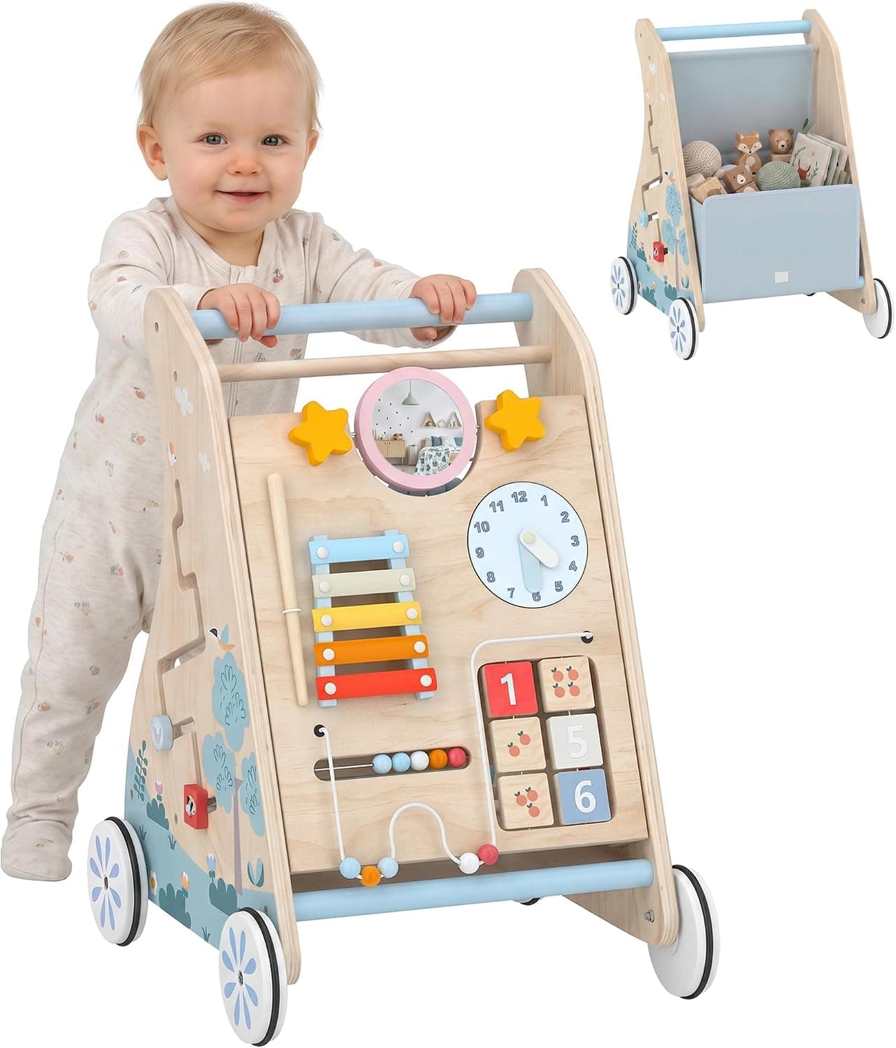 AIYAPLAY Andador Madera Bebé 3 en 1 con Juguetes Montessori Ruedas Natural