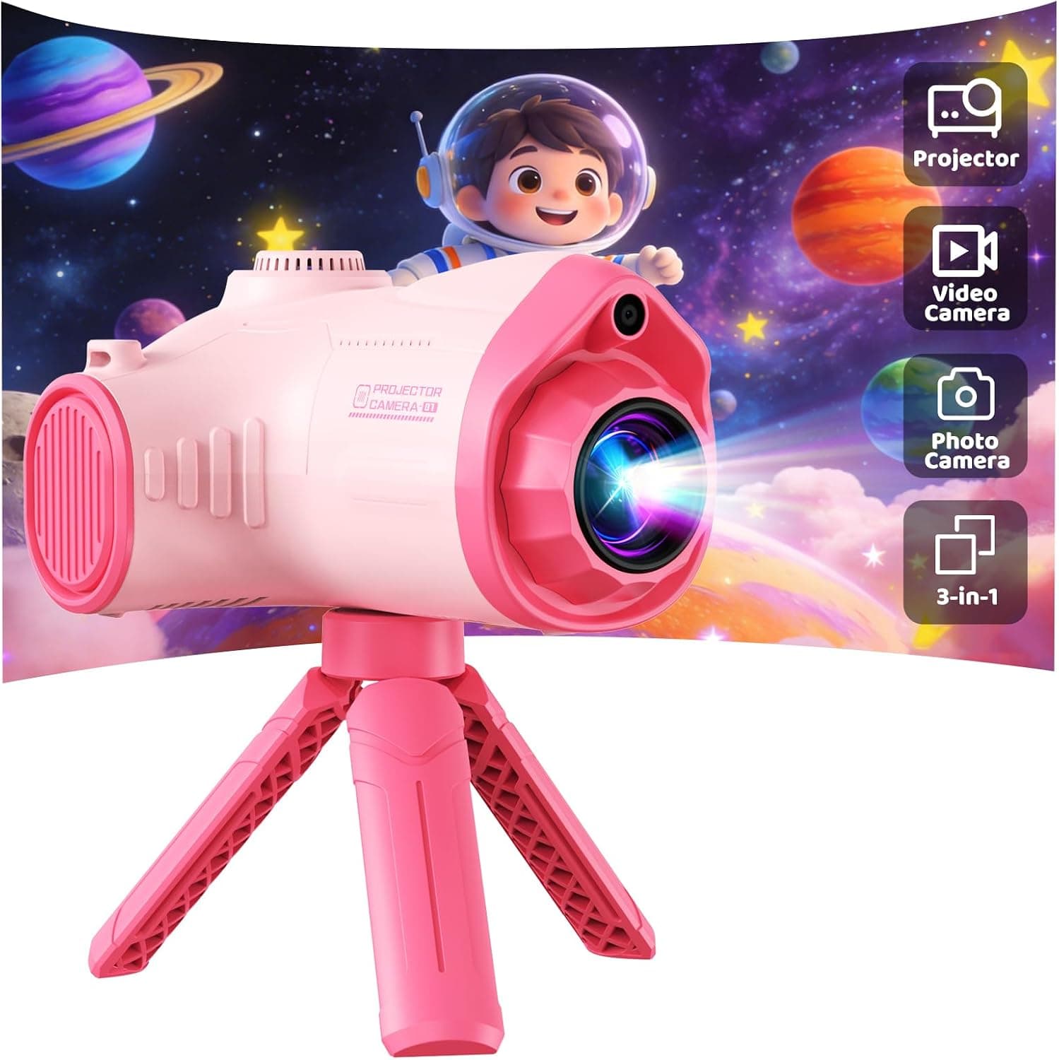 Cámara Fotos Infantil, 3 en 1 Proyector Cámara para Niños 48MP 1080P Cámara de Fotos Niños con Trípode Tarjeta de 32 GB Batería de 2500 mAh, Regalo para 3 4 5 6 8 7 9 10 11 12 Años Niños y Niñas, Rosa
