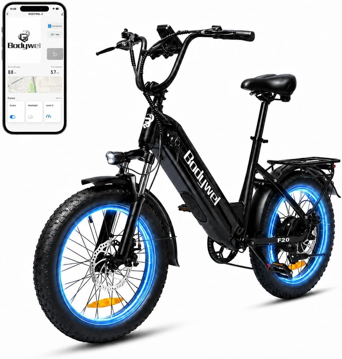 Bodywel F20 Bicicletas Eléctricas Adultos, 20x3” e-Bike Todo Terreno, Batería 48V 15Ah, Motor 250W, 7 Velocidades, Suspensión Ajustable, Frenos de Disco Doble