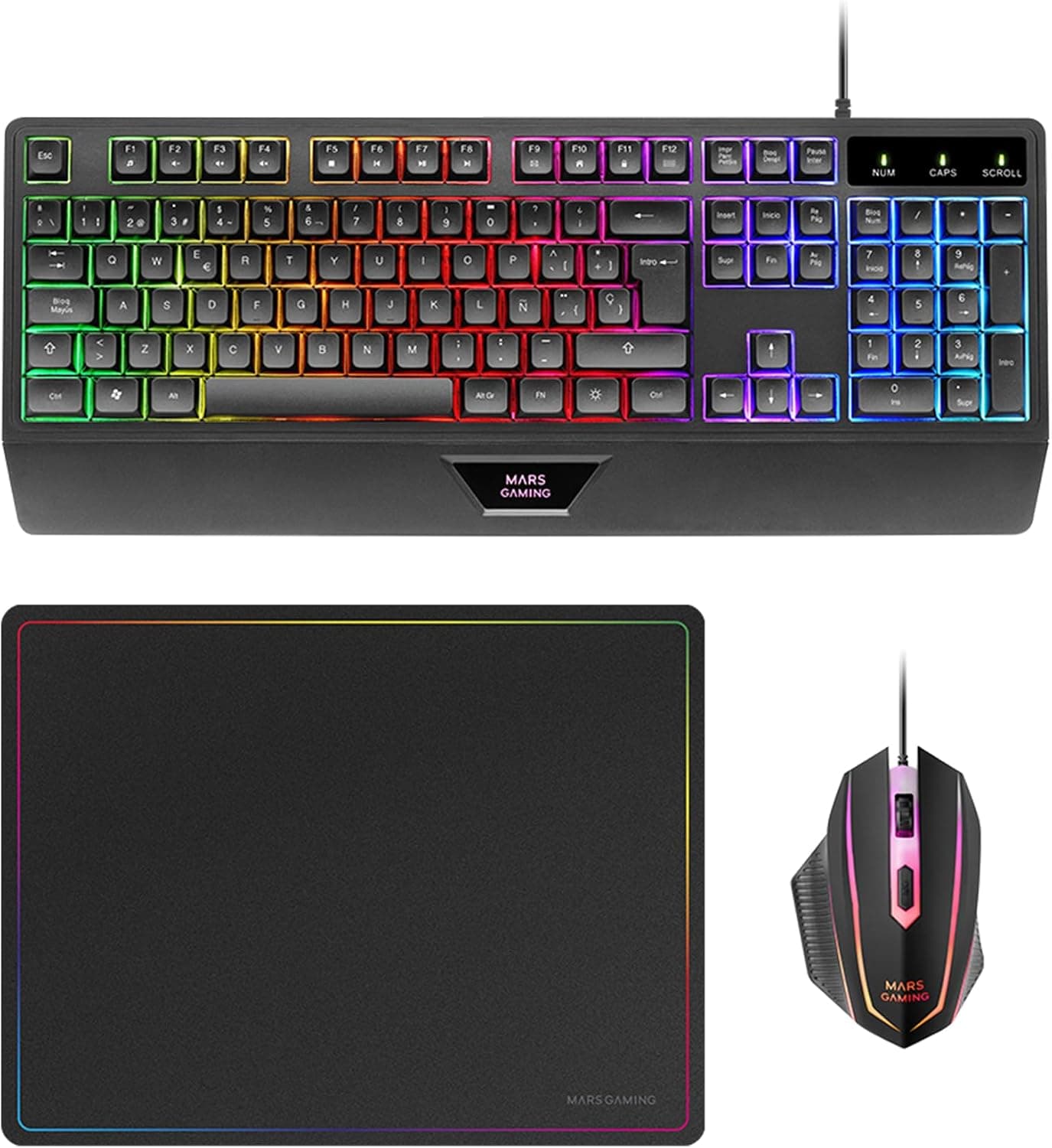 Mars Gaming MCP124, Layout Español, Combo Gaming 3en1, Teclado Ergonómico H-Mech LED RGB, Ratón RGB 3200DPI Switches HUANO, Alfombrilla Nanotextil 360x260mm, Compatibilidad Multiplataforma, Negro