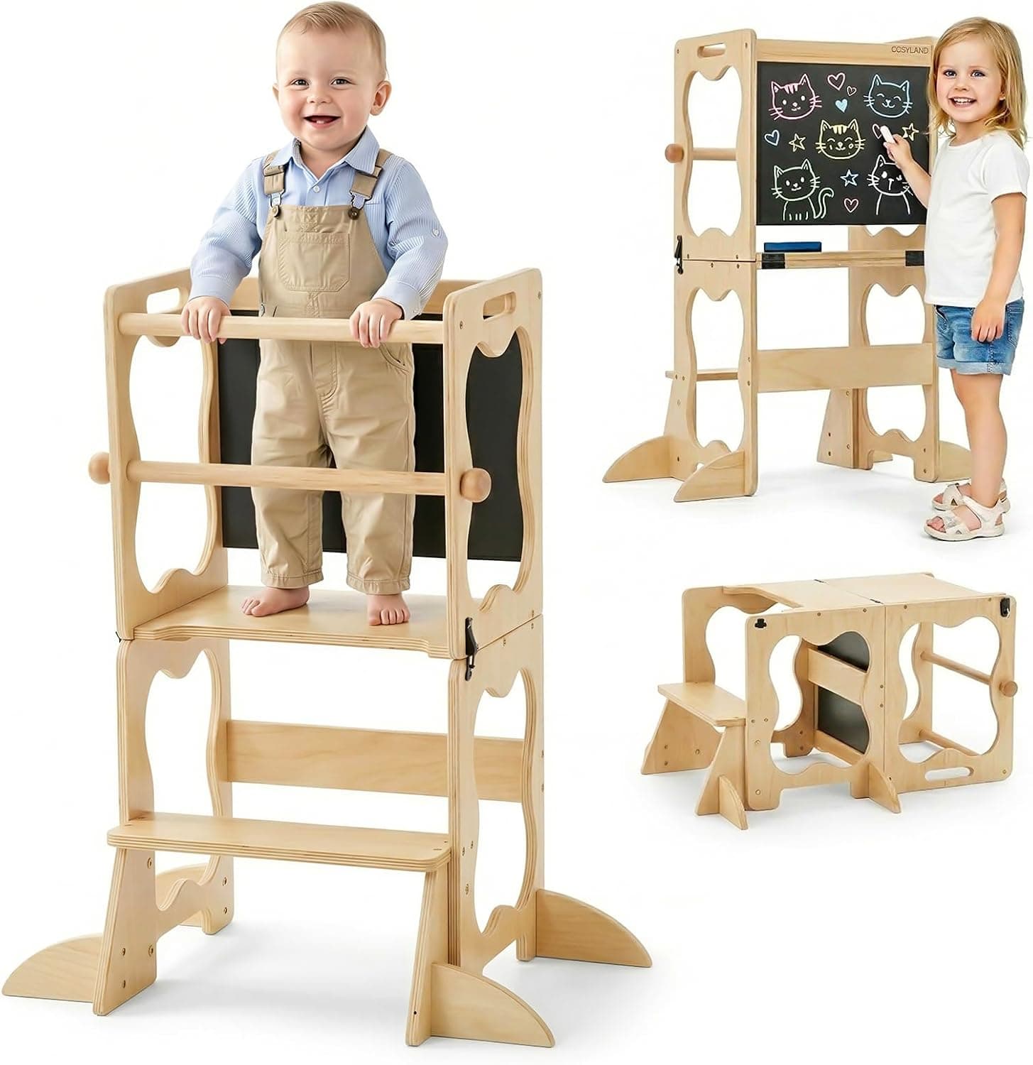 COSYLAND Torre de Aprendizaje Montessori 3 en 1 Convertible con Pizarra