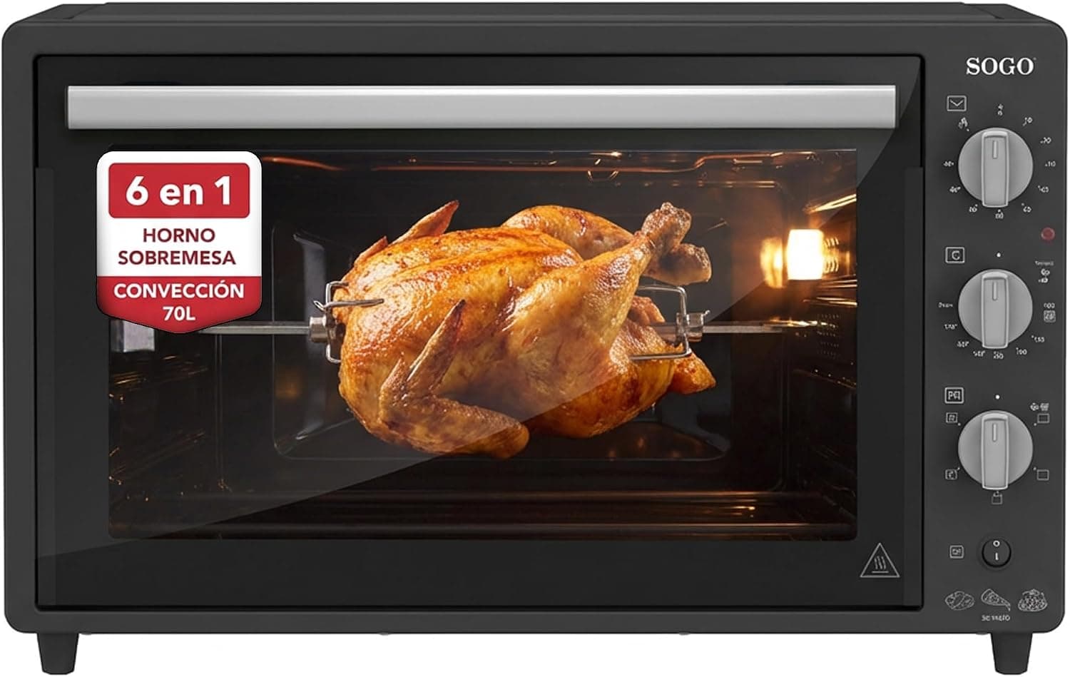 Sogo Horno Sobremesa de Convección 70L - Horno Eléctrico con Rustidor para Asados Jugosos - Horno Multifunción con Gratinador para Recetas Crocantes - Ideal para Cualquier Plato