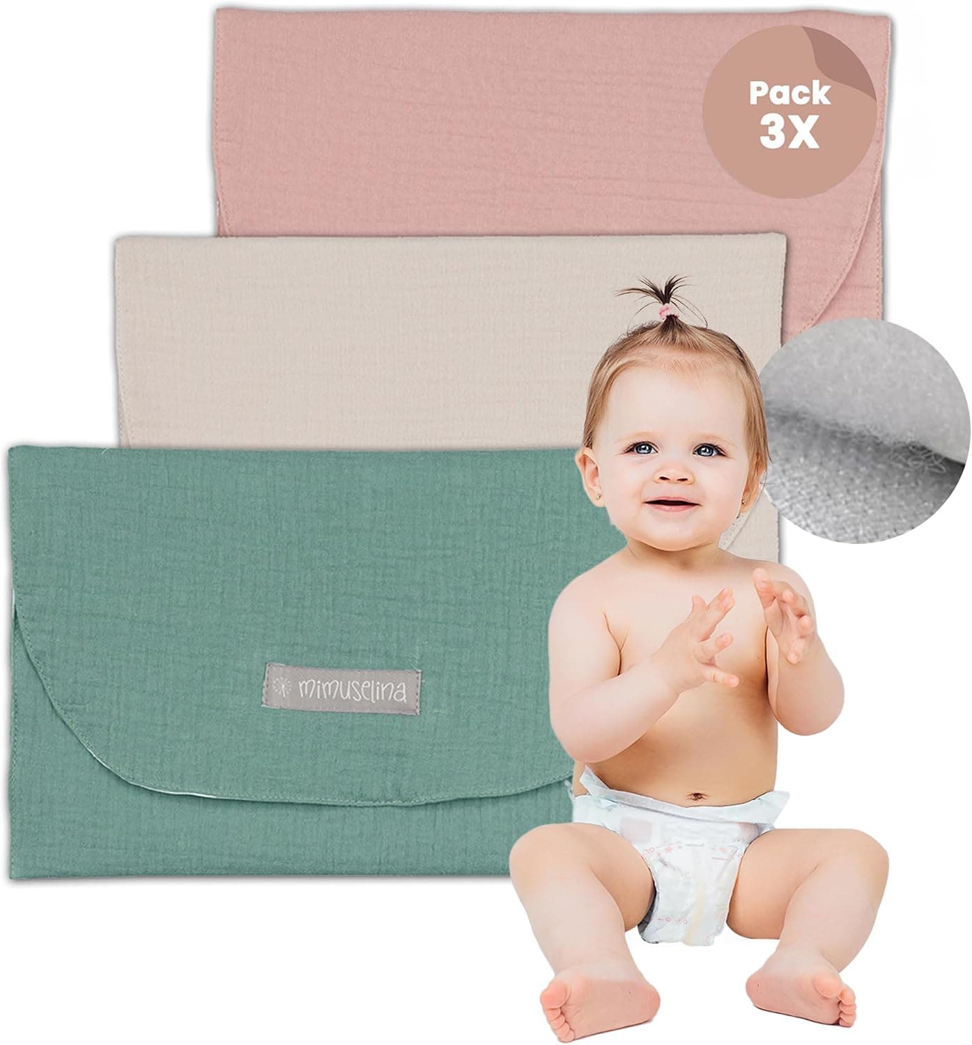 MIMUSELINA - 3X Bolsa Impermeable Bebe Guarderia para Muda | Bolsa Pañales y Toallitas Bebe | Organizador Ropa Bebe | Tela Impermeable (Menta/Rosa/Arena)