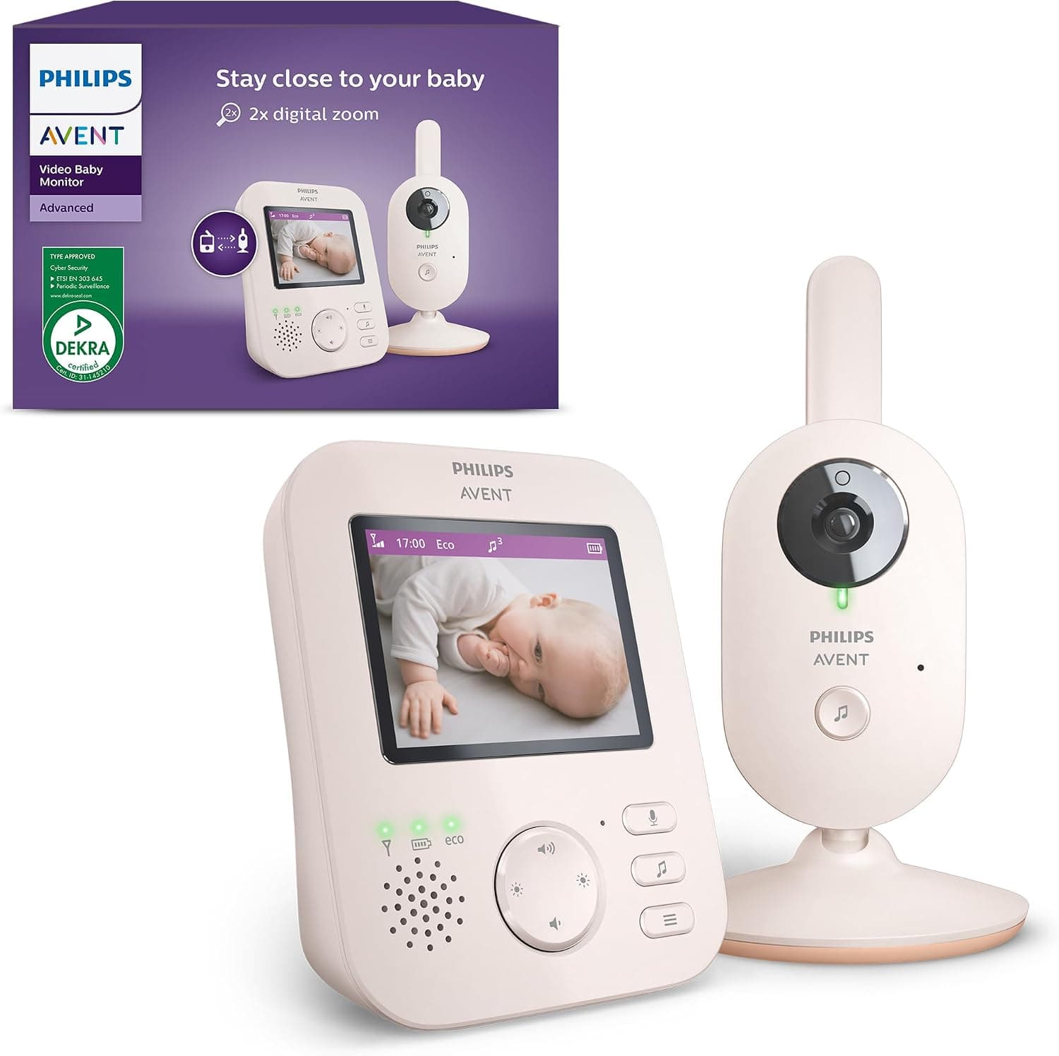 PHILIPS Avent Vigilabebés con Vídeo: Certificado DEKRA, Privado y Seguro con Cámara y Audio, con Pantalla de 2,8", Zoom 2X, Visión Nocturna, Audio Bidireccional y Nanas, SCD881/26