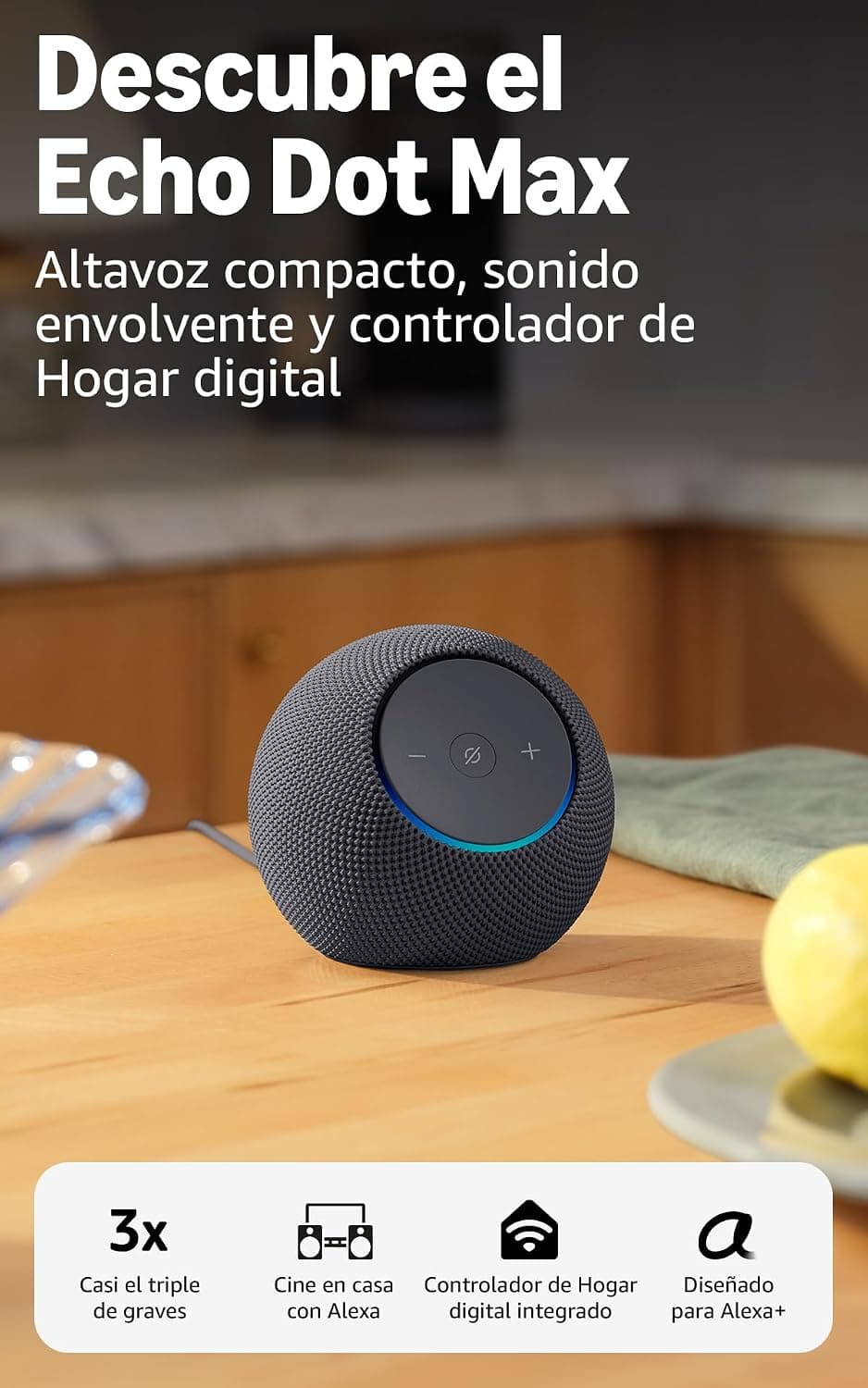 Amazon Echo Dot Max (última generación): altavoz con sonido envolvente y controlador de Hogar digital integrado, Grafito, con Acceso Anticipado a Alexa+