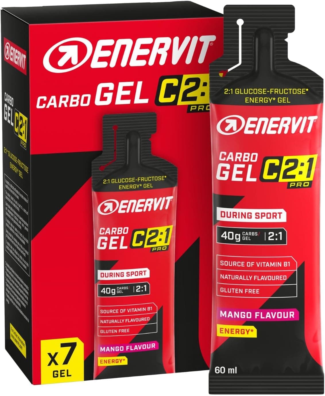 Enervit Carbo Gel C2:1PRO Mango, Gel Energético, 40g de Carbohidratos, para Actividad de Alta Intensidad, +50% Carbohidratos Absorbidos, Sabor Mango, Sin Gluten, Alta Digestibilidad, 7 Pack de 60ml