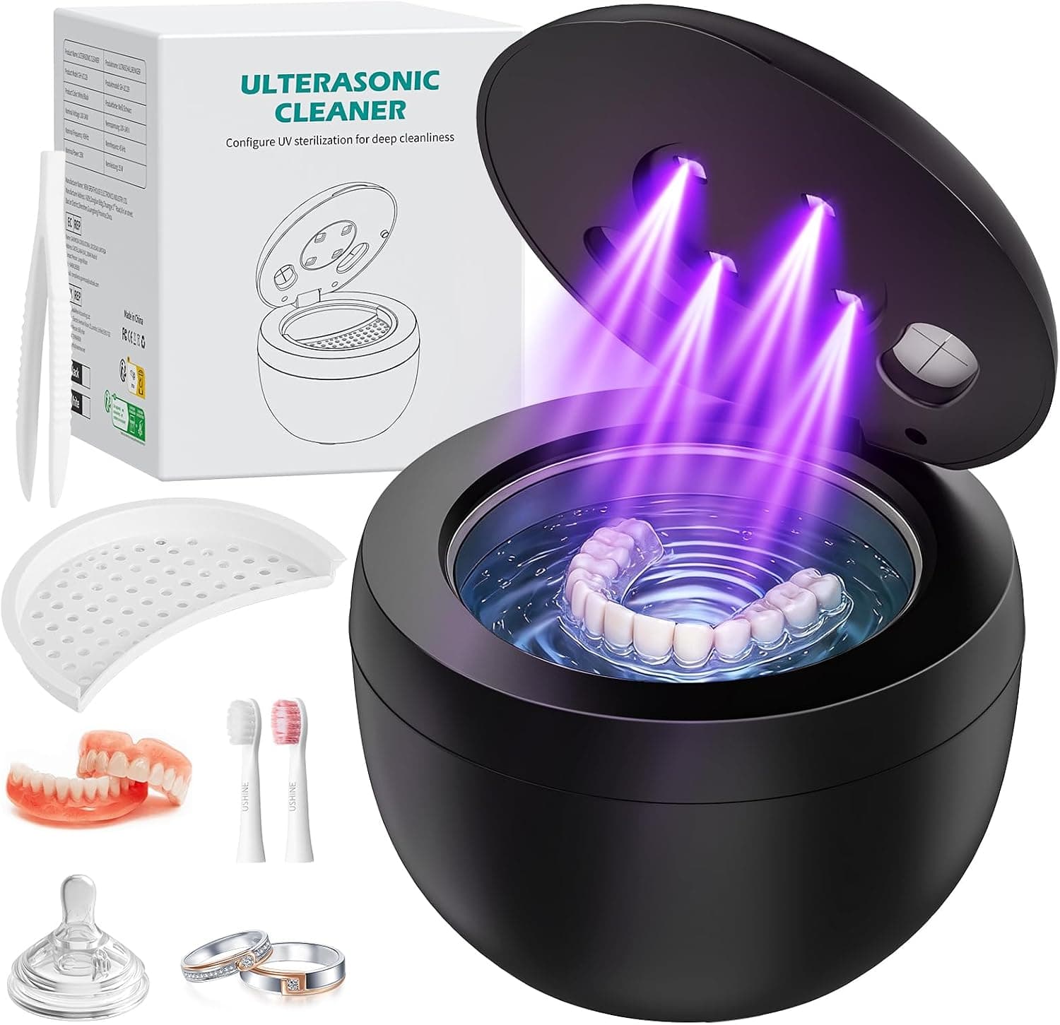Limpiador Ultrasonidos Dental 45000Hz Ultrasonidos Limpieza con Lámpara UV y 4 Modos, 200ml Ultrasonic Retainer Cleaner Dental Pod para Dentaduras Postizas, Retenedores, Joyas