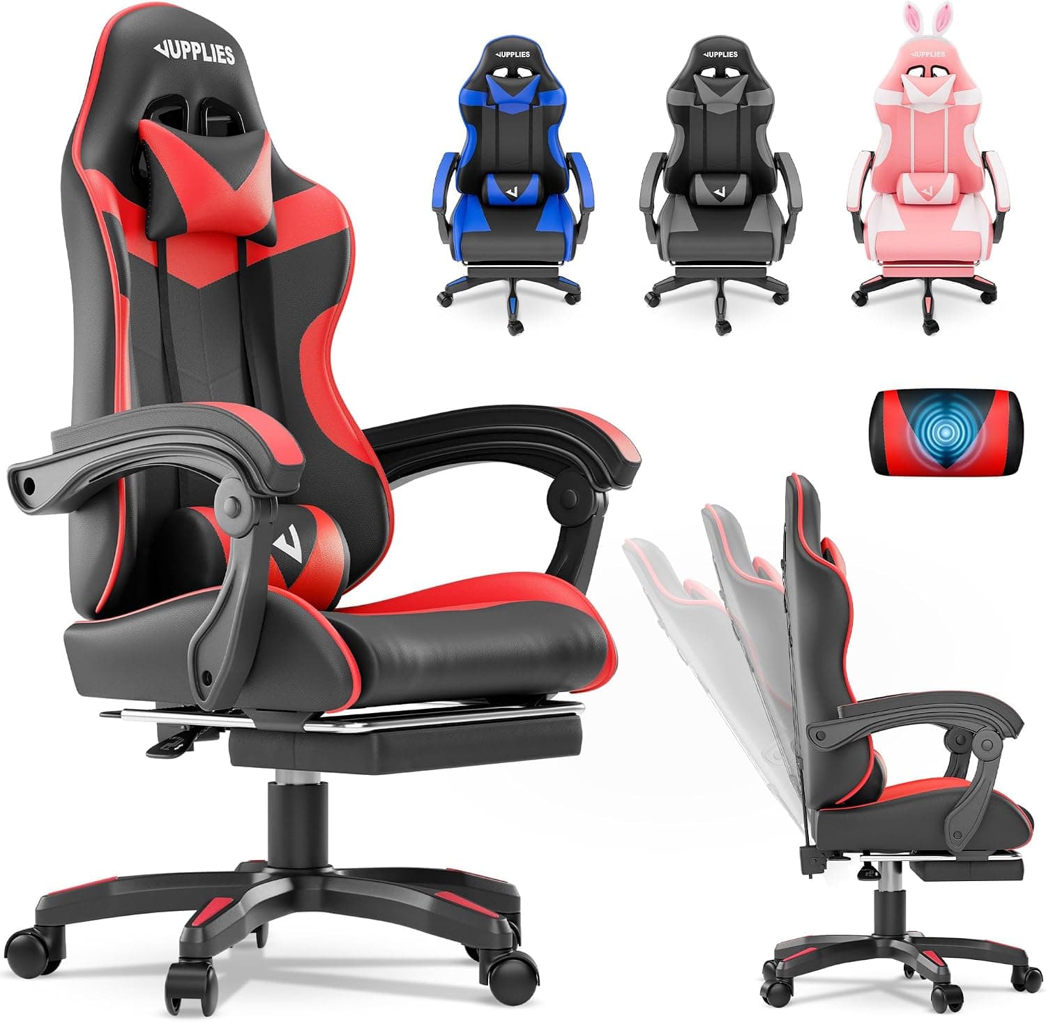 JUPPLIES Silla Gaming Profesional con Masajeador - Silla de Oficina Ergonómica, Altura Regulable y Respaldo Abatible - Silla Gamer (Rojo, Acolchado Arriba, con Reposapiés)