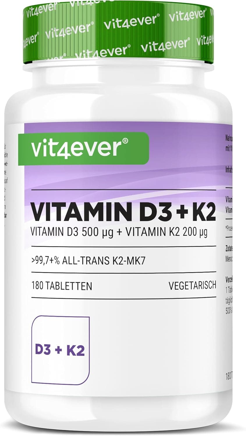 vit4ever Vitamina D3 + K2 – 180 Comprimidos – 20.000 UI – 99,7% All-Trans