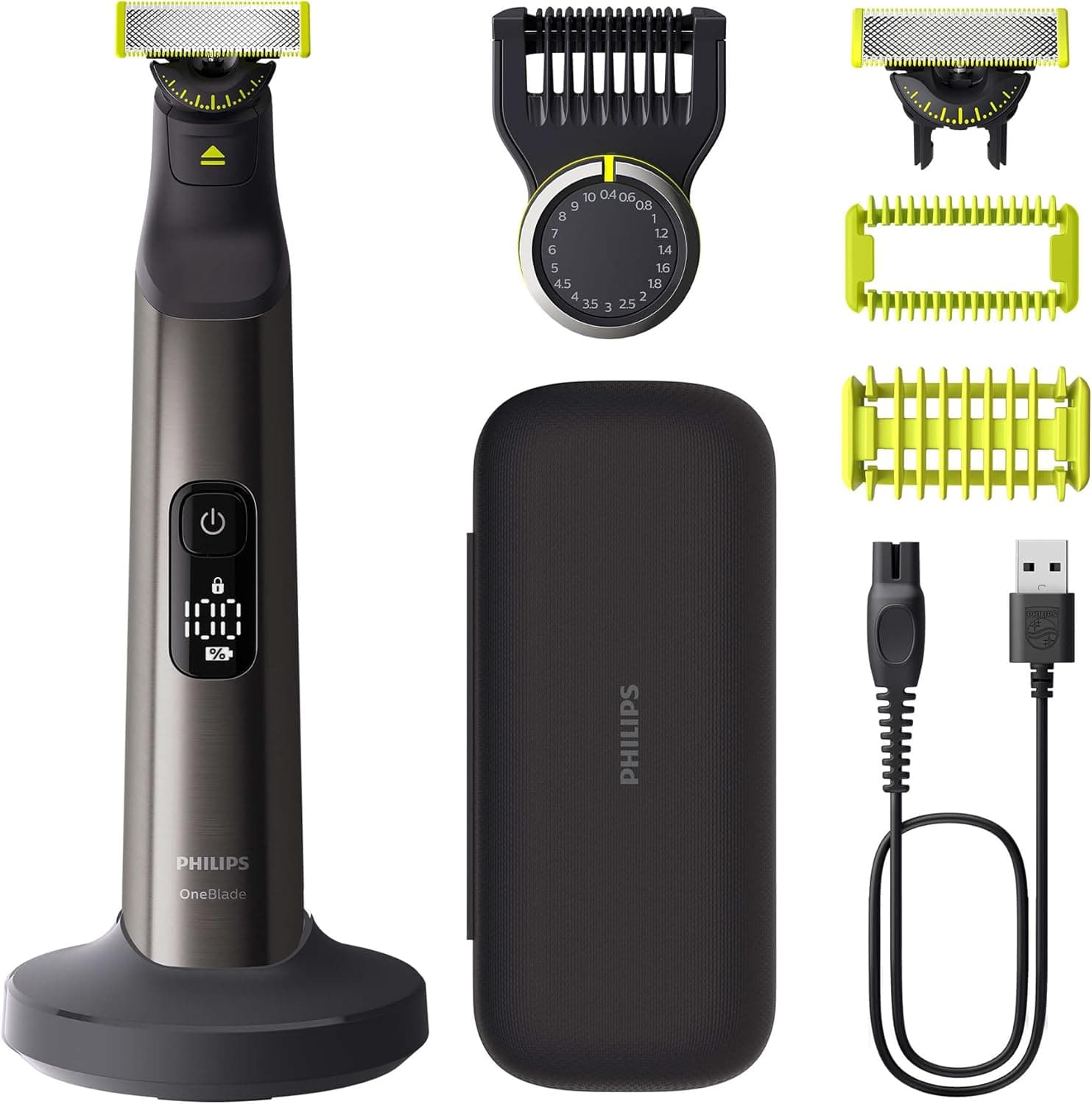 Philips OneBlade Pro 360 Barbero, afeitadora y recortadora eléctrica facial y corporal, 2 cuchillas 360º, peine de 14 longitudes, kit corporal, soporte de carga, funda de viaje, Negro, QP6652/30