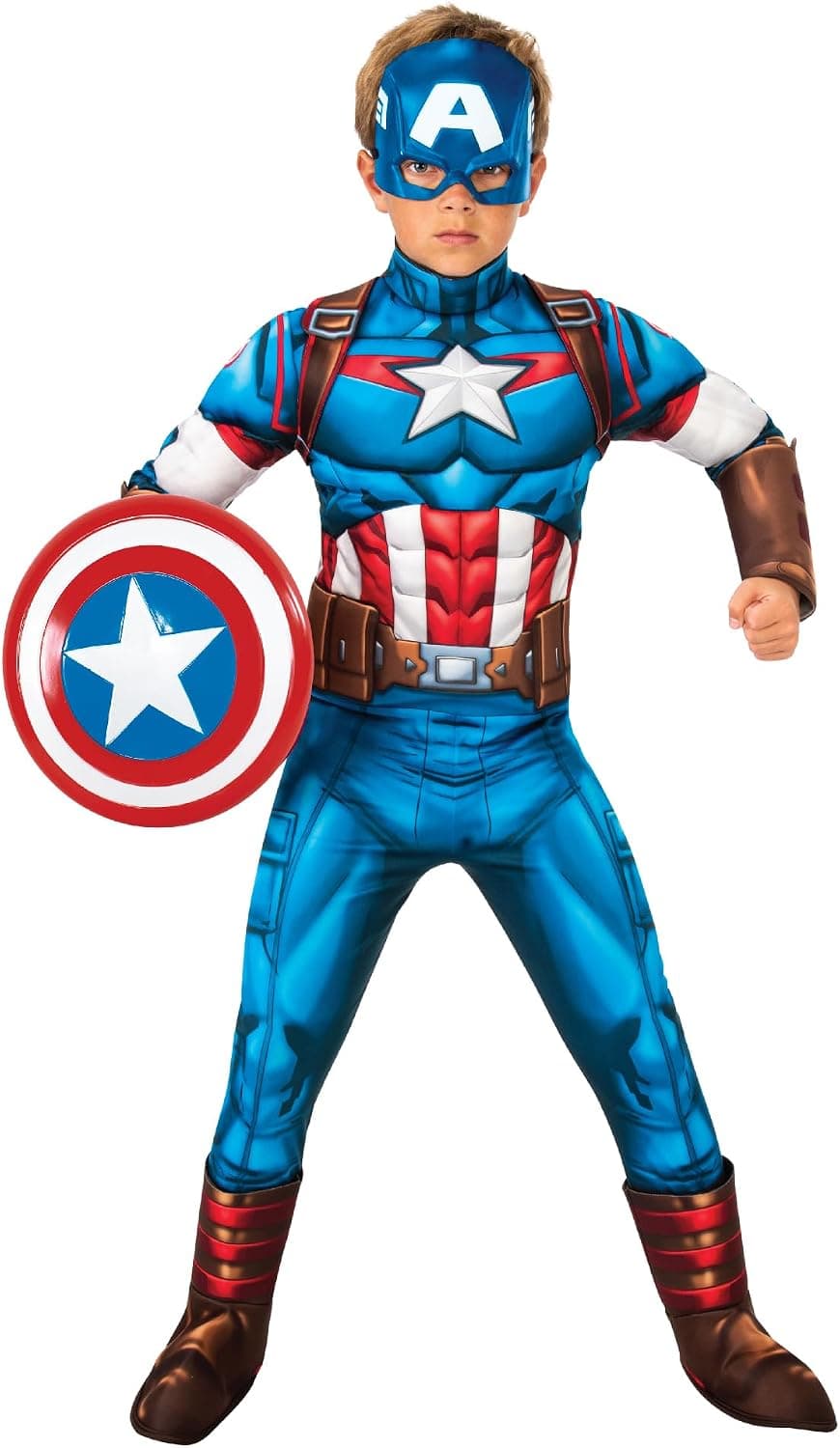 Rubies Disfraz Capitan America Deluxe para niños y niñas, Jumpsuit con pecho acolchado, cubrebotas y máscara, Oficial Marvel para Carnaval, Navidad, Cumpleaños, Fiestas y Halloween
