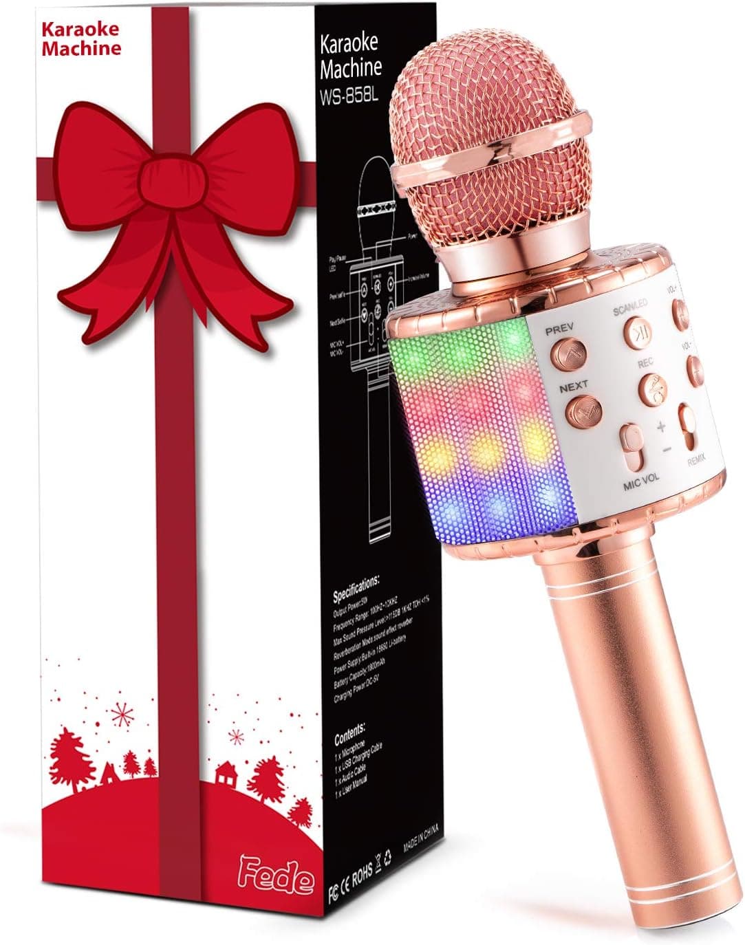 Fede Micrófono Karaoke Bluetooth, Microfono Inalámbrico Karaoke Portátil con luz LED Multicolor para Niños Canta Partido Musica, Compatible con Android/iOS PC o Teléfono Inteligente