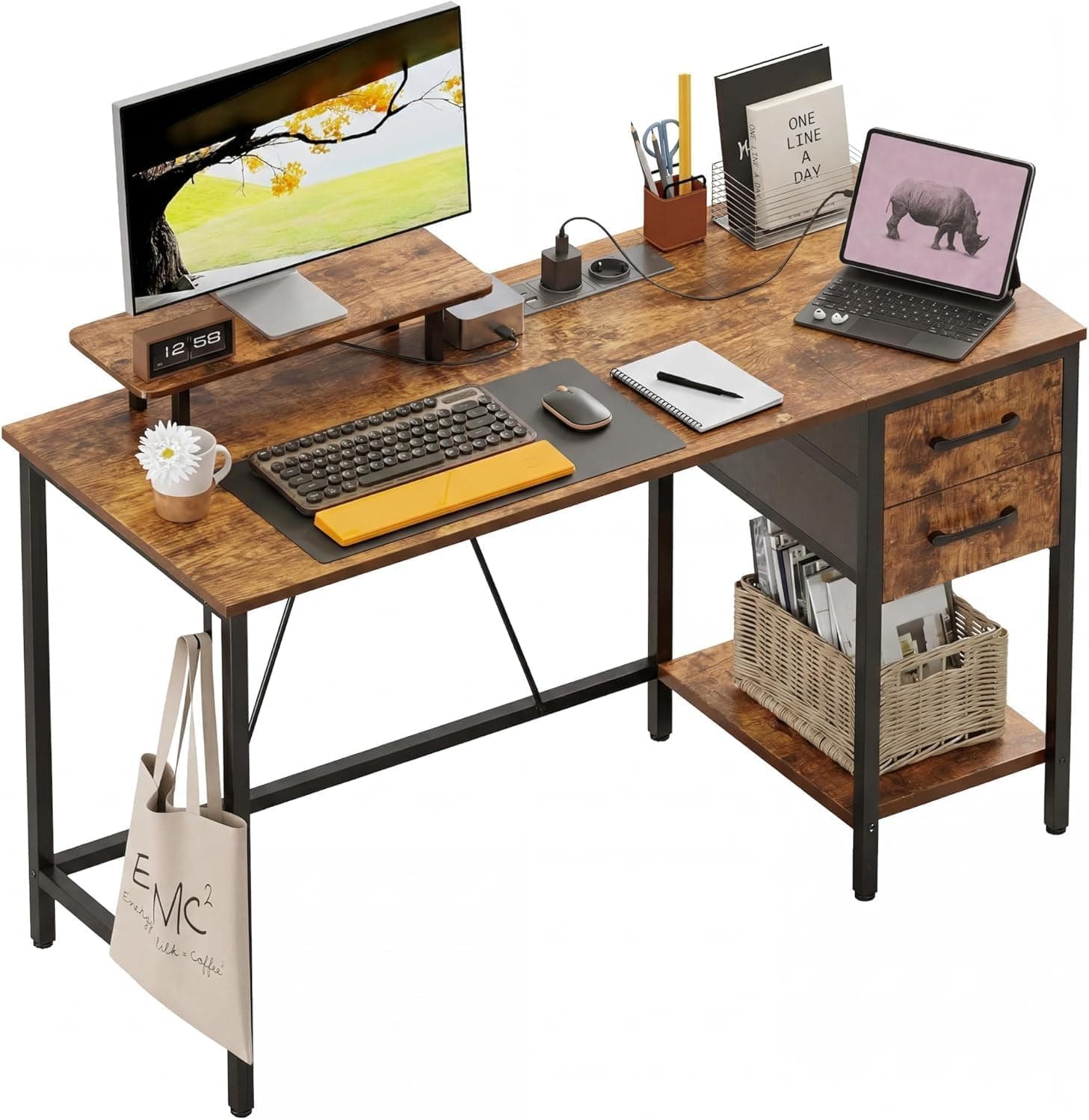 mesa gaming en forma de L con panel perforado y estanterías, mesa de ordenador de esquina con enchufe, escritorio de oficina reversible con 3 estantes desmontables para hogar, 120*80 cm,Marrón