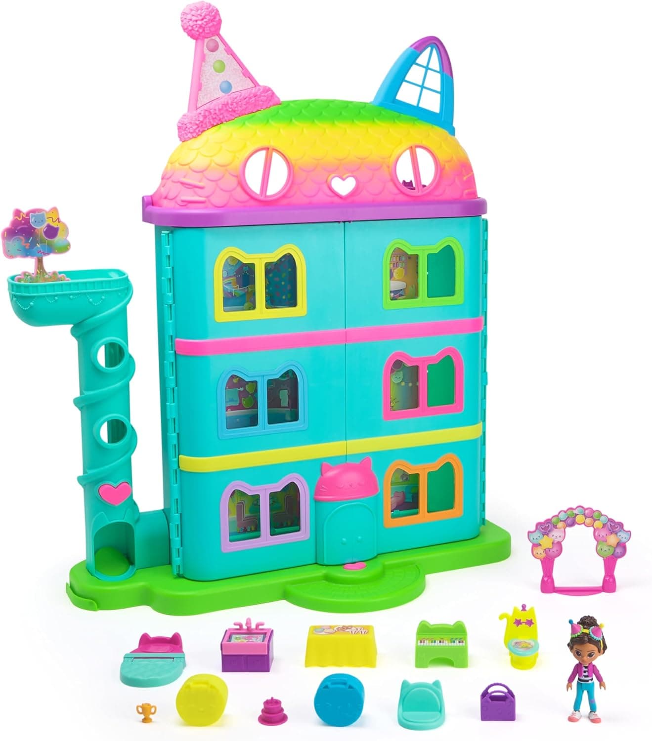 LA CASA DE MUÑECAS DE GABBY - CASA FESTIVA CON SONIDOS, FIGURA GABBY'S DOLLHOUSE, 10 ACCESORIOS ARCOIRIS Y 2 CAJAS SORPRESA - 6071380 - Juguetes Niñas 3 Años + Regalo Niña 3 años +