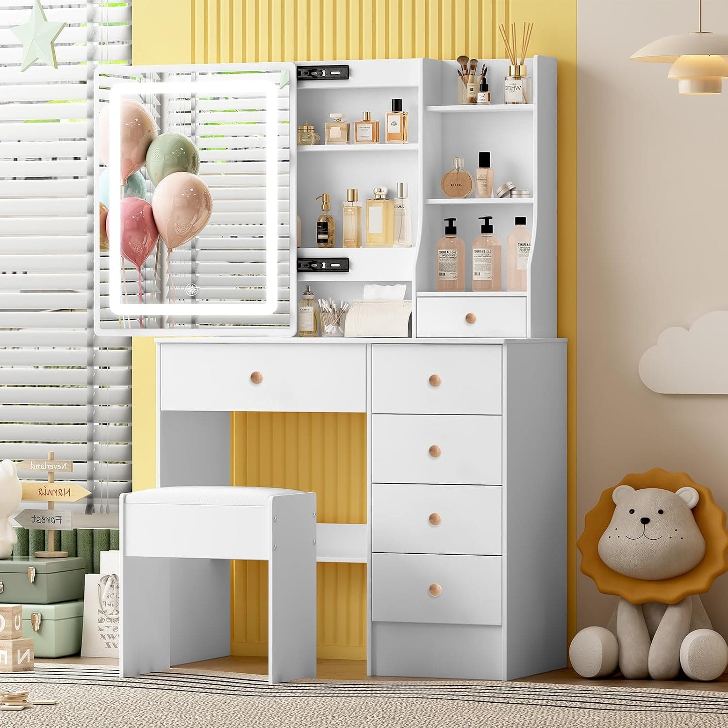 Tocador con iluminación LED, Taburete, Mesa de Maquillaje con 3 Colores de Brillo, 6 cajones y 6 estantes, 80x36x130 cm, tocador para Dormitorio, Cuarto de niños