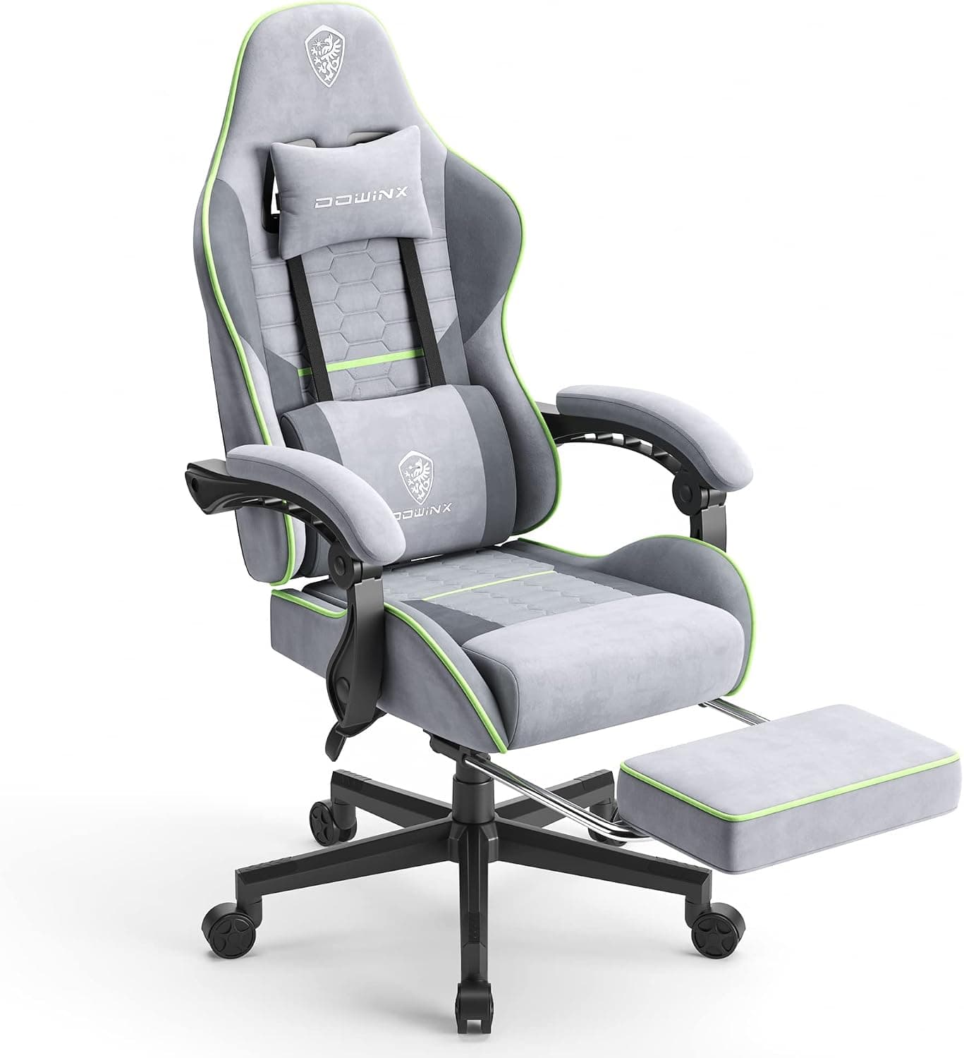 Dowinx Silla Gaming Ergonómica de Tela con Cojín de Muelles, Silla Gamer con Reposacabezas, Soporte Lumbar y Reposapiés, Soporta 150kg, Ideal para Gaming y Oficina​, Gris Oscuro