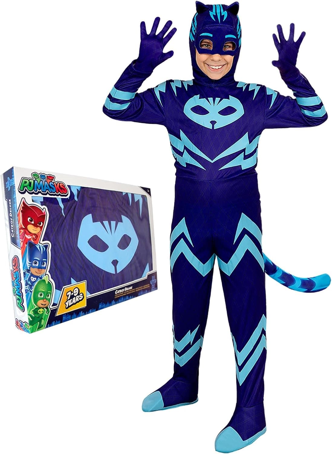 Funidelia Disfraz Oficial de Gatuno PJ Masks deluxe para niño, Incluye mono con cola, antifaz y guantes - Traje para niños para fiestas, Carnaval y Halloween - Talla 7-9 años