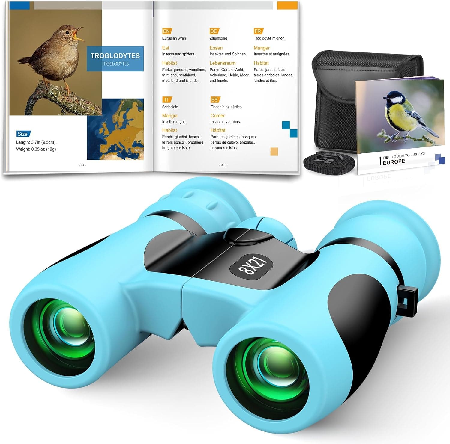 Prismaticos Niños 8x21 con Guía de Aves, Binoculares Juguetes Juego Niños Regalos de Cumpleaños - Ideal para Birdwatching, Regalo Familiar y Educativo