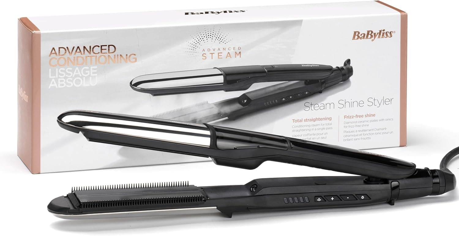 BaByliss Steam Shine – Plancha de Vapor con Placas XL de Turmalina-Cerámica para un Alisado Rápido y Sin Esfuerzo, Función Iónica Anti-Encrespamiento para un Cabello Brillante y Sedoso, ST496E