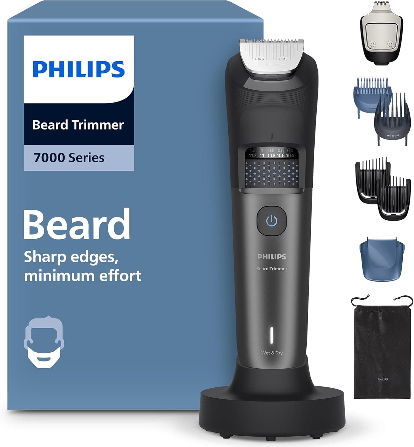 Recortadora de barba Philips Serie 7000 - Cuchillas autoafilables, 40 posiciones ajustables, sensor, sistema recogedor de vello, base de carga, 100% resistente al agua, funda blanda, BT7660/15