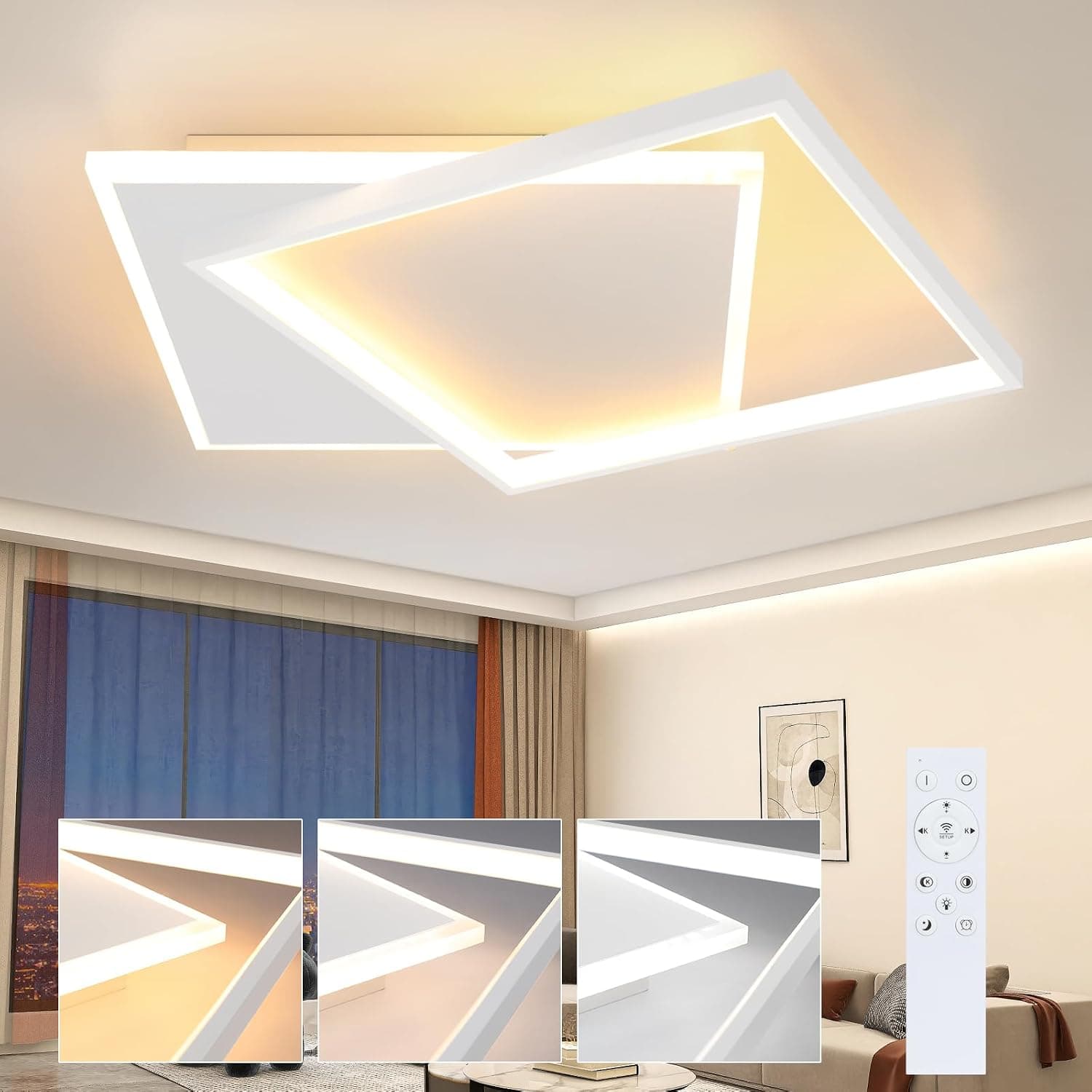 ZMH Lámpara de Techo LED para Sala de Estar - Lámpara de Dormitorio Regulable con Control Remoto Lámpara de Sala de Estar de 44 W Lámpara de Cocina de diseño Moderno Cuadrada Blanca de acrílico