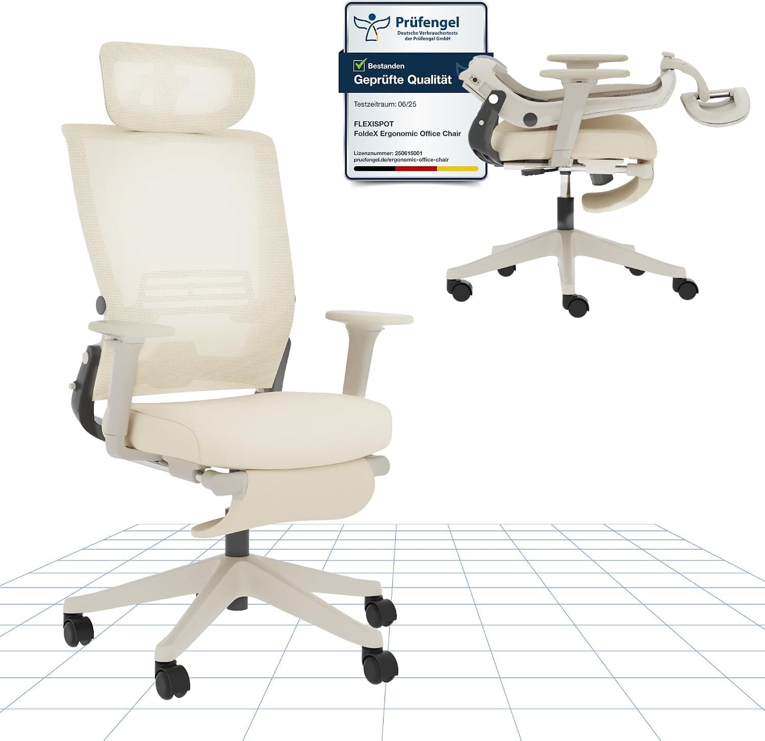 FLEXISPOT Foldex Silla de Oficina Ergonómica, Plegable con Apoyo Lumbar, Reposabrazos Regulables en Altura, Reposacabezas 2D, Silla de Escritorio de Malla para Oficina Casa-Blanco