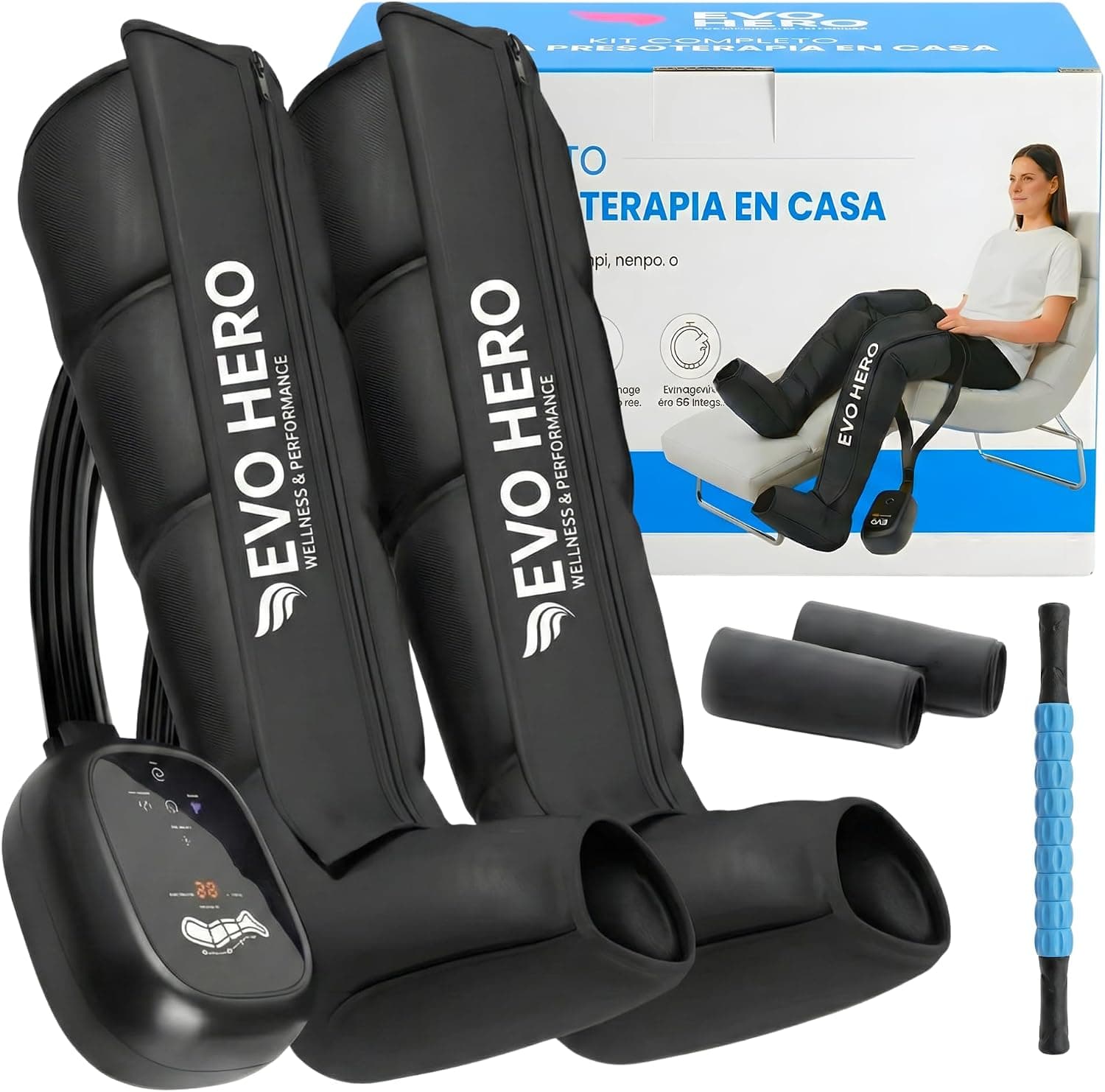 Kit Completo Presoterapia para Casa con Rodillo Masajeador y Compresas Frío/Caliente - Botas de Presoterapia Piernas con Pre y Post Tratamiento - 4 Modos Automáticos 4 Manuales y 3 Potencias