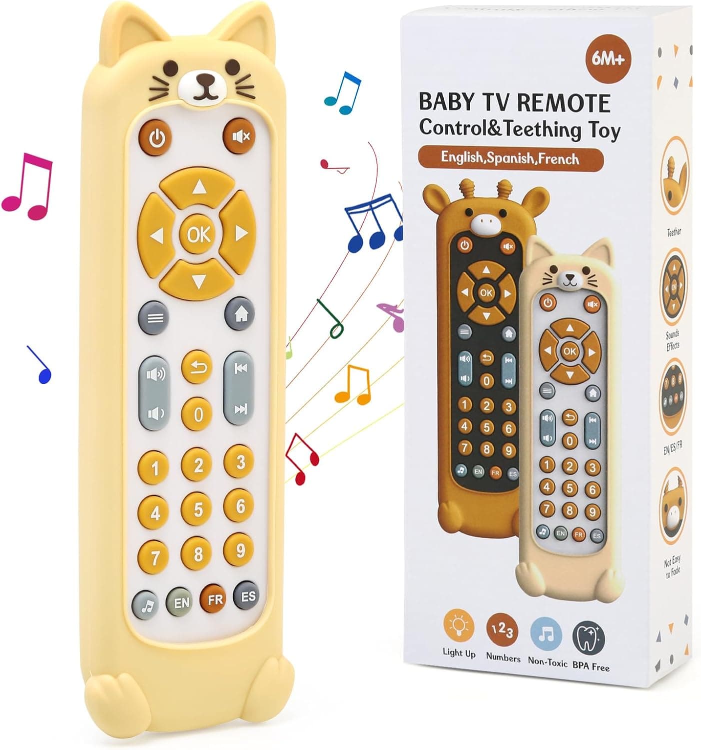 LEADSTAR Mando Juguete para Bebés,Juguetes Musical Bebes 6-12 Meses,Juguete Mando TV Niños 1 Año con Luz y Funda de Silicona para Mordedor,Juguetes Educativos para Aprendizaje (Amarillo)
