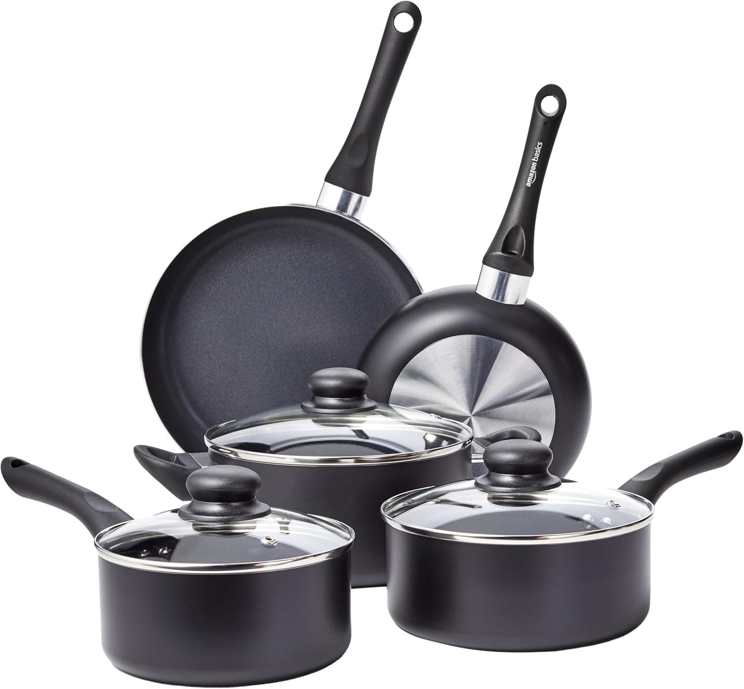 Amazon Basics Juego de utensilios de cocina antiadherentes, 8 Unidads (5 ollas + 3 tapas), Negro
