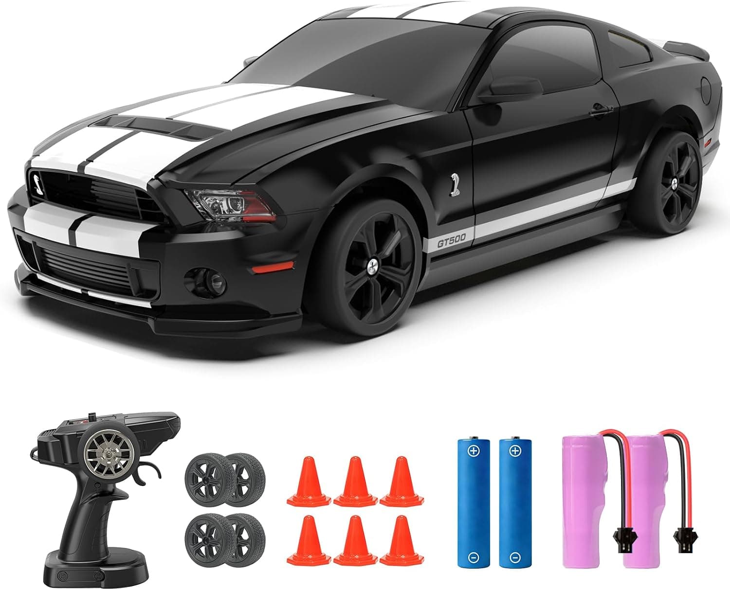 YONCHER Coche Teledirigido, 1:24 20KM/H RC Drift Coche, Ford Mustang Shelby GT500 con Licencia Oficial, 2.4GHz 4WD Drift RC Car con Luces,para Niñas Adultos, Negro