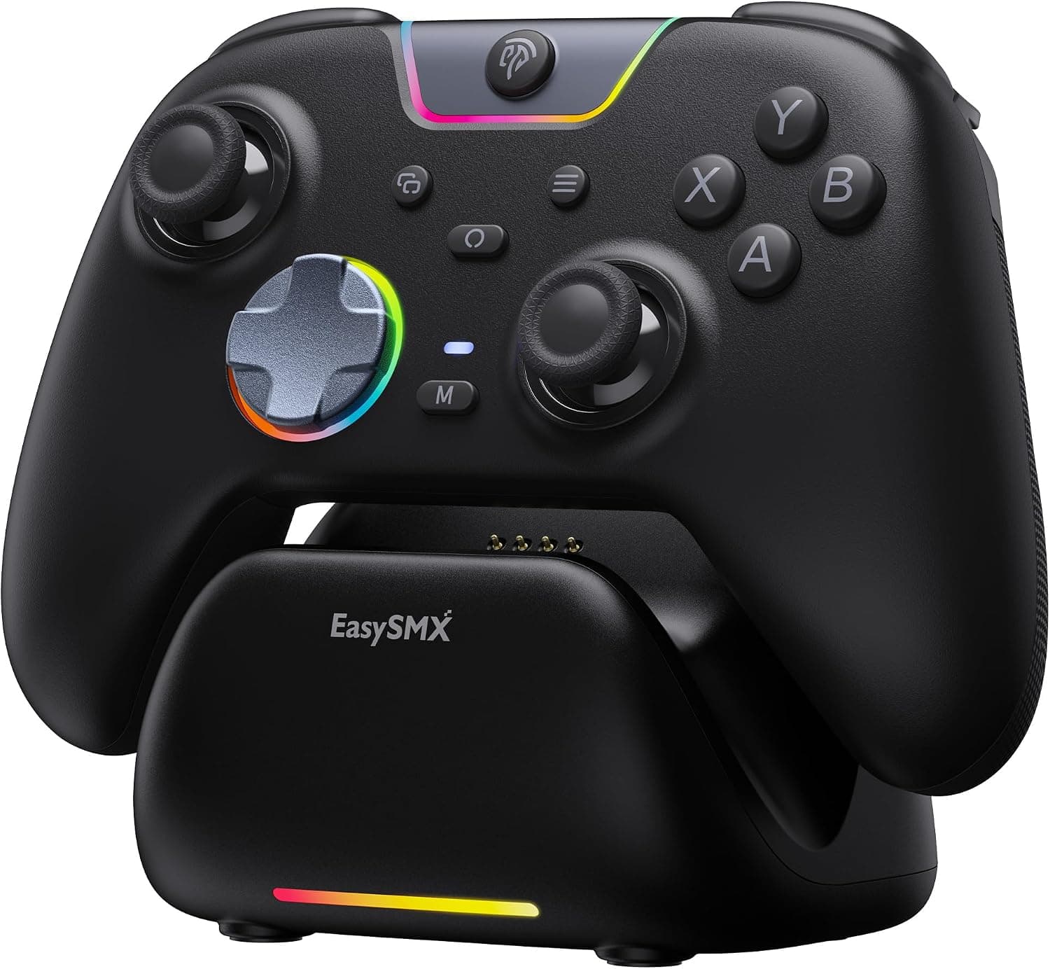 EasySMX X05Pro Mando PC Inalámbrico con Base, 1000Hz, Joysticks Hall, Botones Silenciosos, Gatillos de 2 Etapas, D-Pad 8 Direcciones, 1000mAh, 2 Botones Programables, PC/Switch/Android/iOS – Negro.