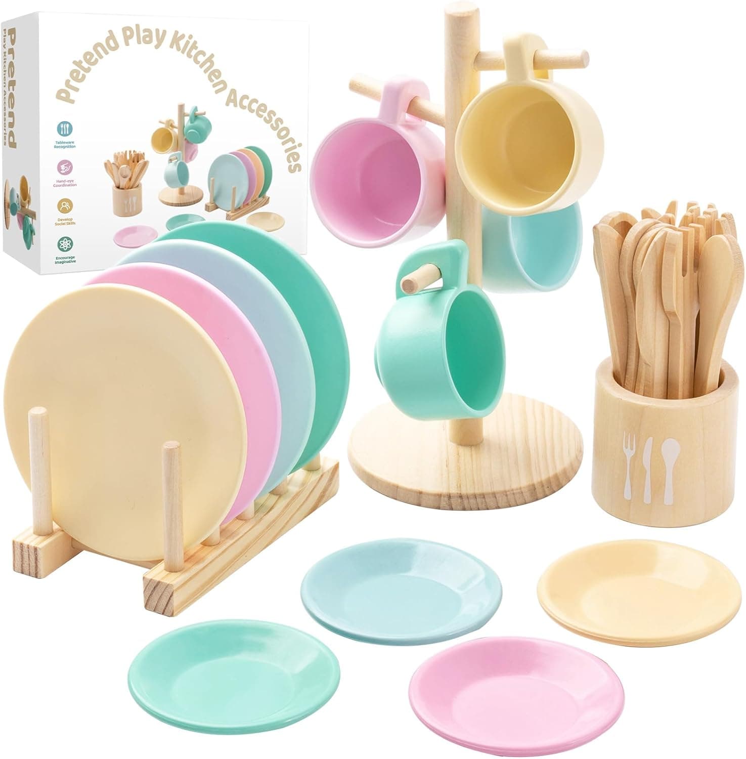 GAGAKU Juego de cocina de madera para niños - Set de vajilla de té de 27 piezas de madera para niños con soporte de almacenamiento, juguete Montessori para niños de 3 a 5 años, juguete educativo para