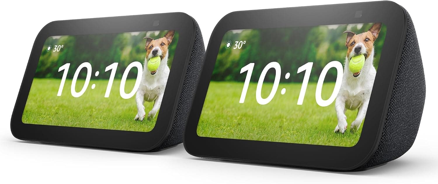 Echo Show 5 (Última generación) | Pantalla táctil inteligente diseñada para controlar tus dispositivos de Hogar digital y más | Antracita, con Acceso Anticipado a Alexa+ (Paquete de 2)