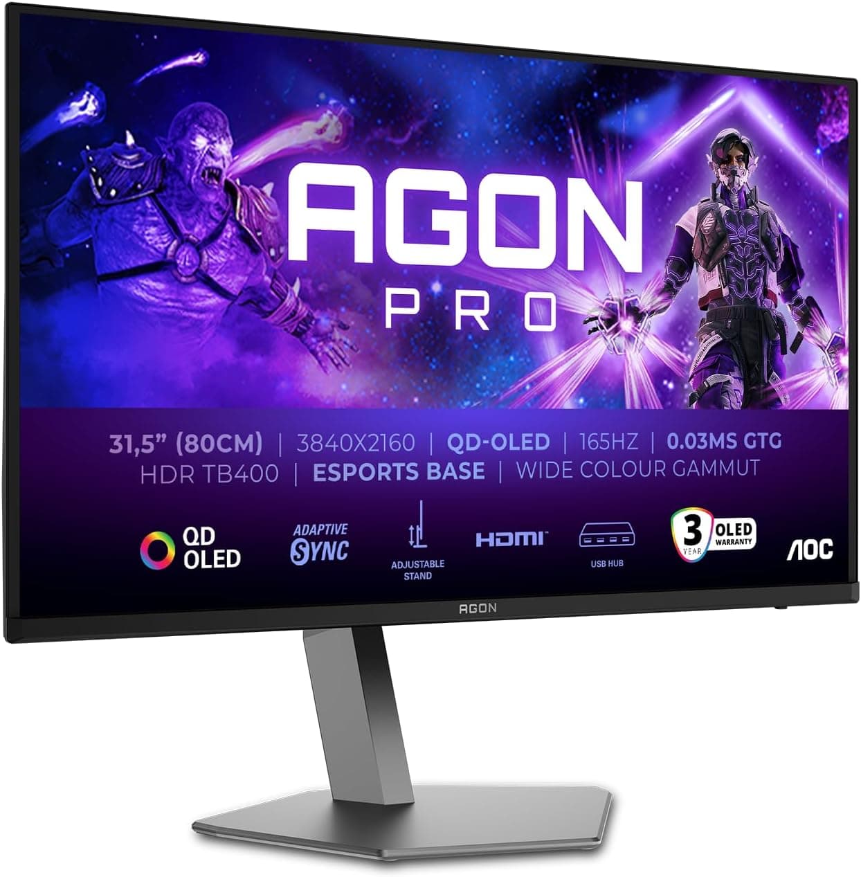 AOC AG326UDAM Gaming Monitor 32 Pulgadas 165Hz Panel QD-OLED, 0.03ms GtG, HDR400 TrueBlack, Adaptive Sync, G-Sync Comp., Altavoces, Altura Ajustable, (3840x2160 HDMI 2X 2.1 DP 1x 1.4 USB Hub) Negro