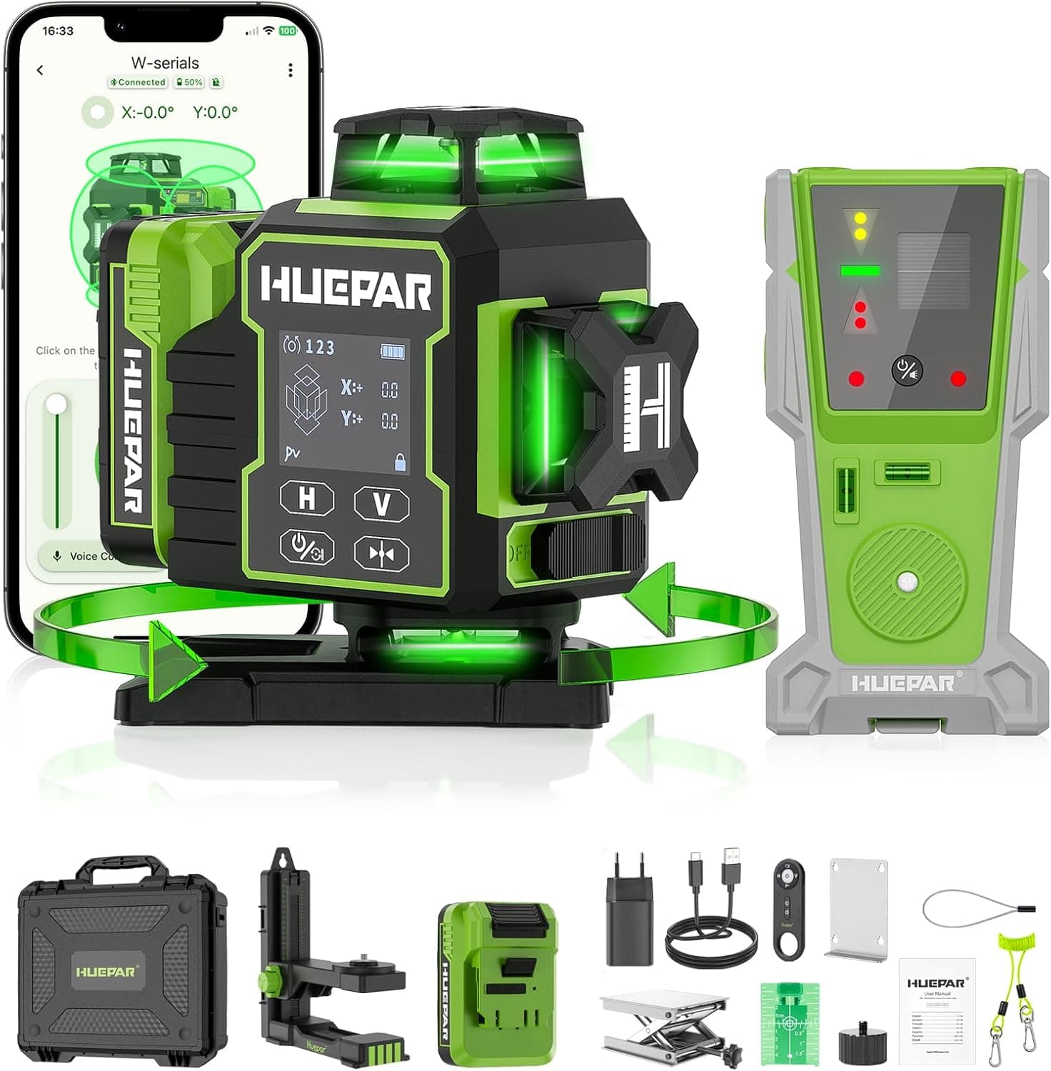 Huepar Nivel láser autonivelante 360°*4 con 16 línea láser con receptor