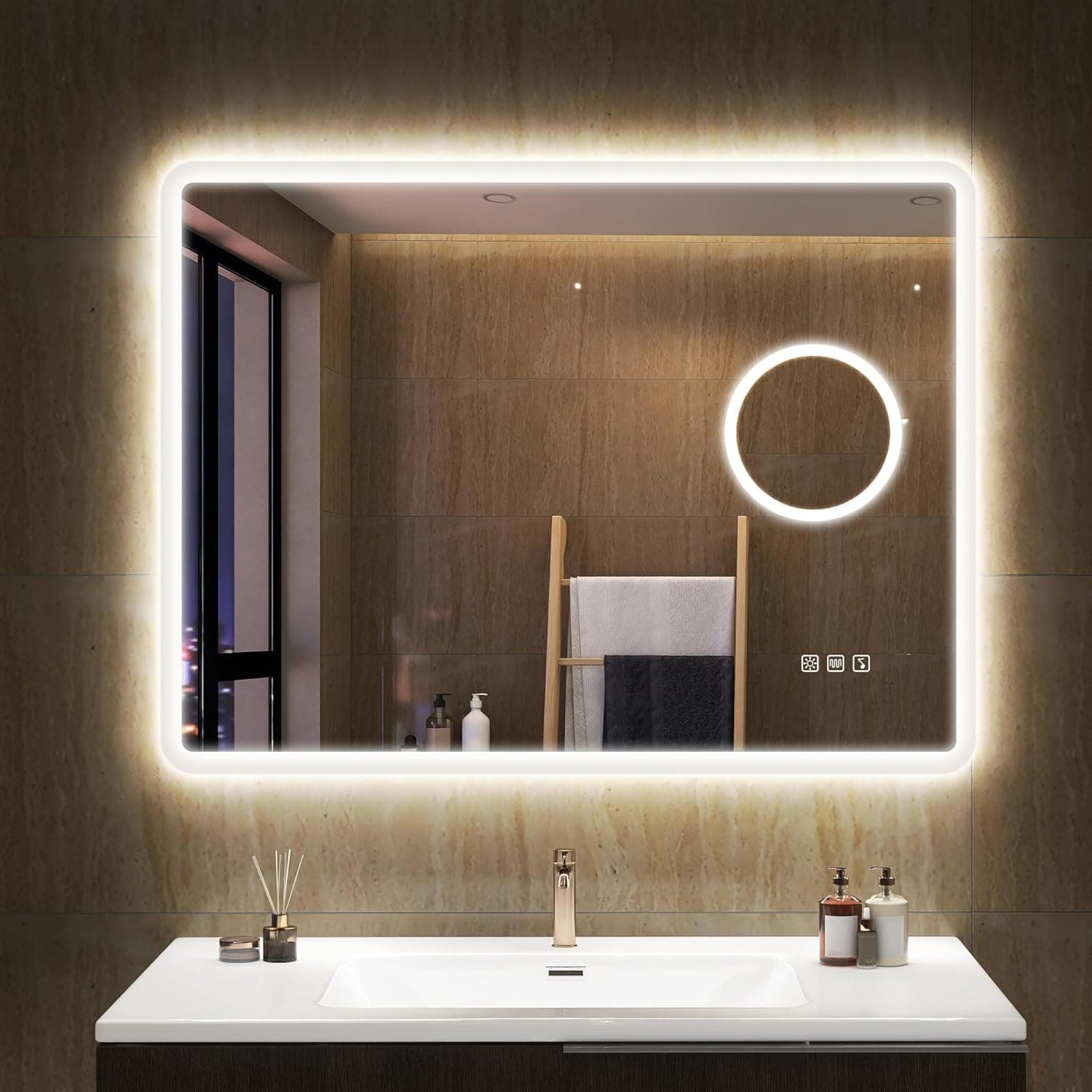 S'bagno - Espejo de baño Iluminado con retroiluminación LED, Altavoz Bluetooth Integrado, deshumidificador e Interruptor (M66 (Lupa 5X + Bluetooth), 60l x 80an cm)
