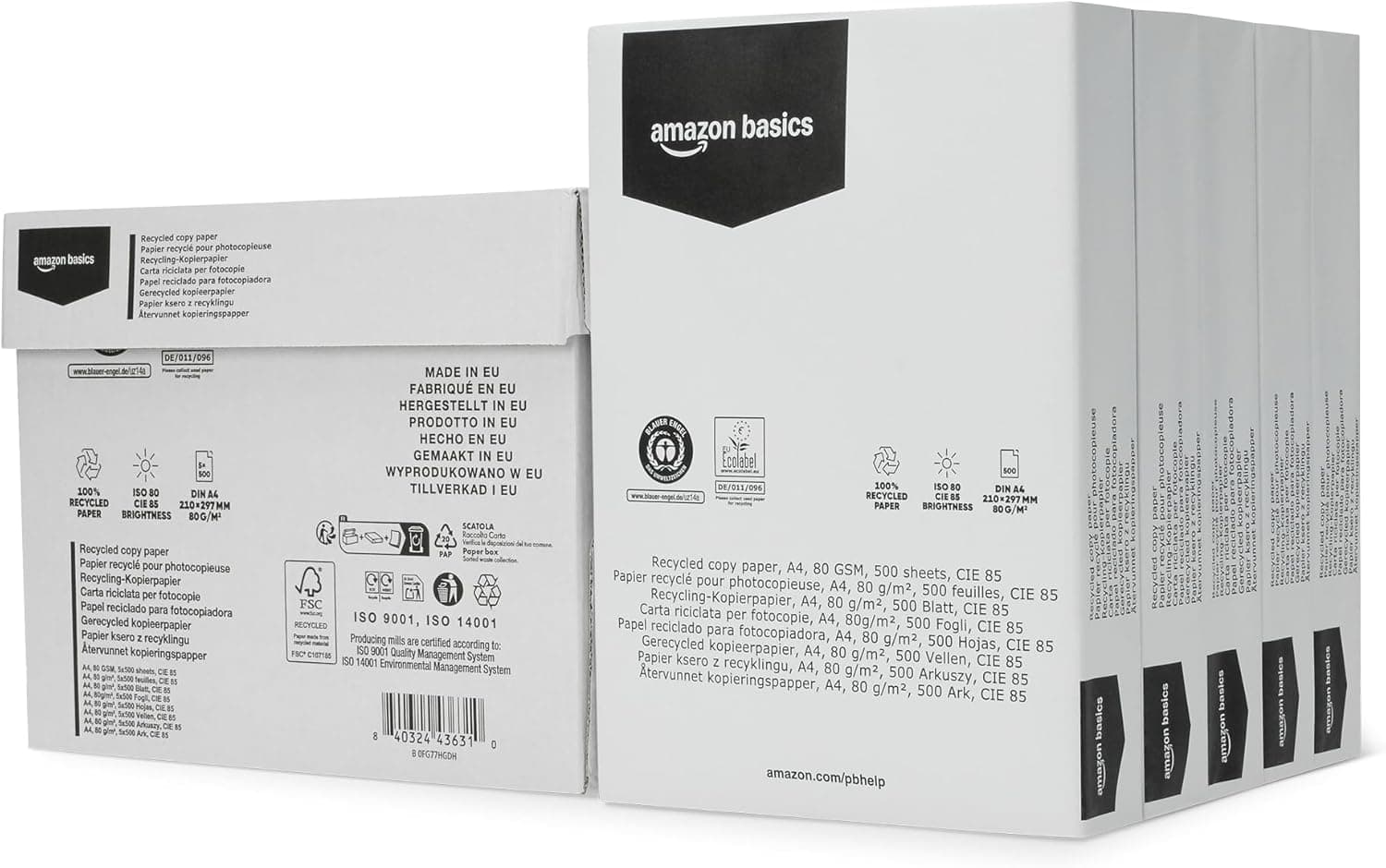 Amazon Basics Papel 100% Reciclado A4, Papel de Impresora, 80g/m², 2500 Hojas (5 Resmas), Color Natural/Blanco Roto