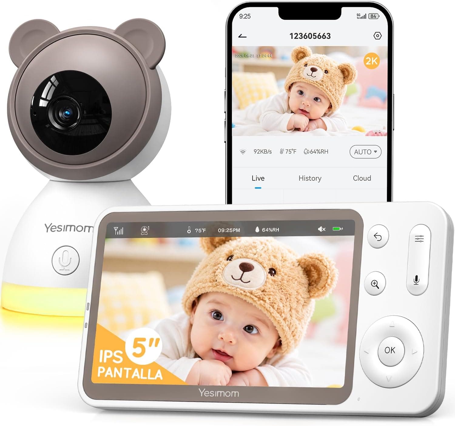 Camara Vigilancia Bebe 3MP, Monitor Bebe con Pantalla IPS 5"