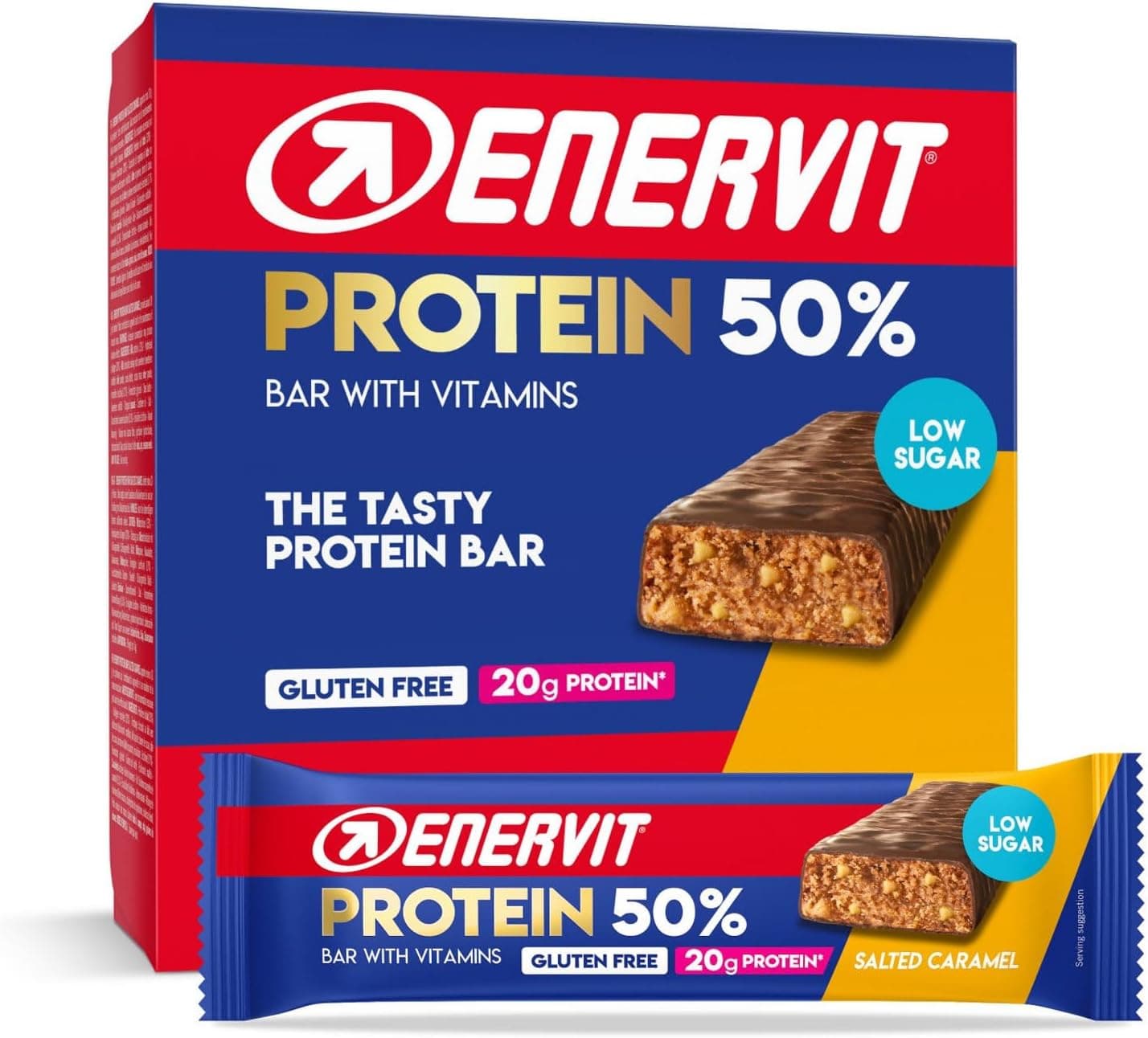Enervit, Barrita Proteica 50% Salted Caramel, 20g de Proteínas, Baja en Azúcar, con Vitaminas D y B6, Para la Recuperación Después del Deporte, Sabor Caramelo Salado, Sin Gluten, 12 Barritas de 40g