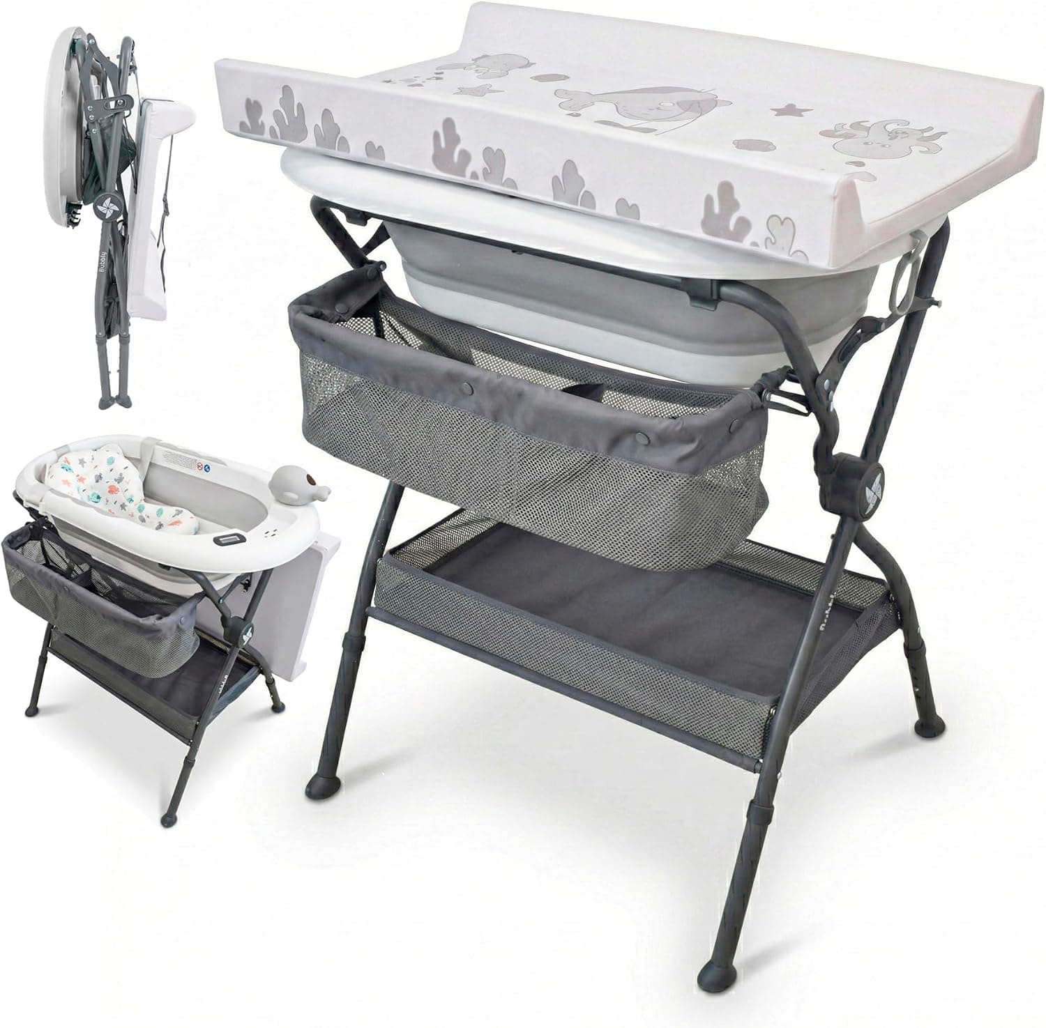 Twinly Bubbly – Bañera Cambiador Plegable para Bebé 2 en 1 – Altura Regulable Ergonómica, Bañera Extraíble para Playa y Viajes, Soporte Estable con Desagüe, Ideal para Baños Pequeños (Gris)