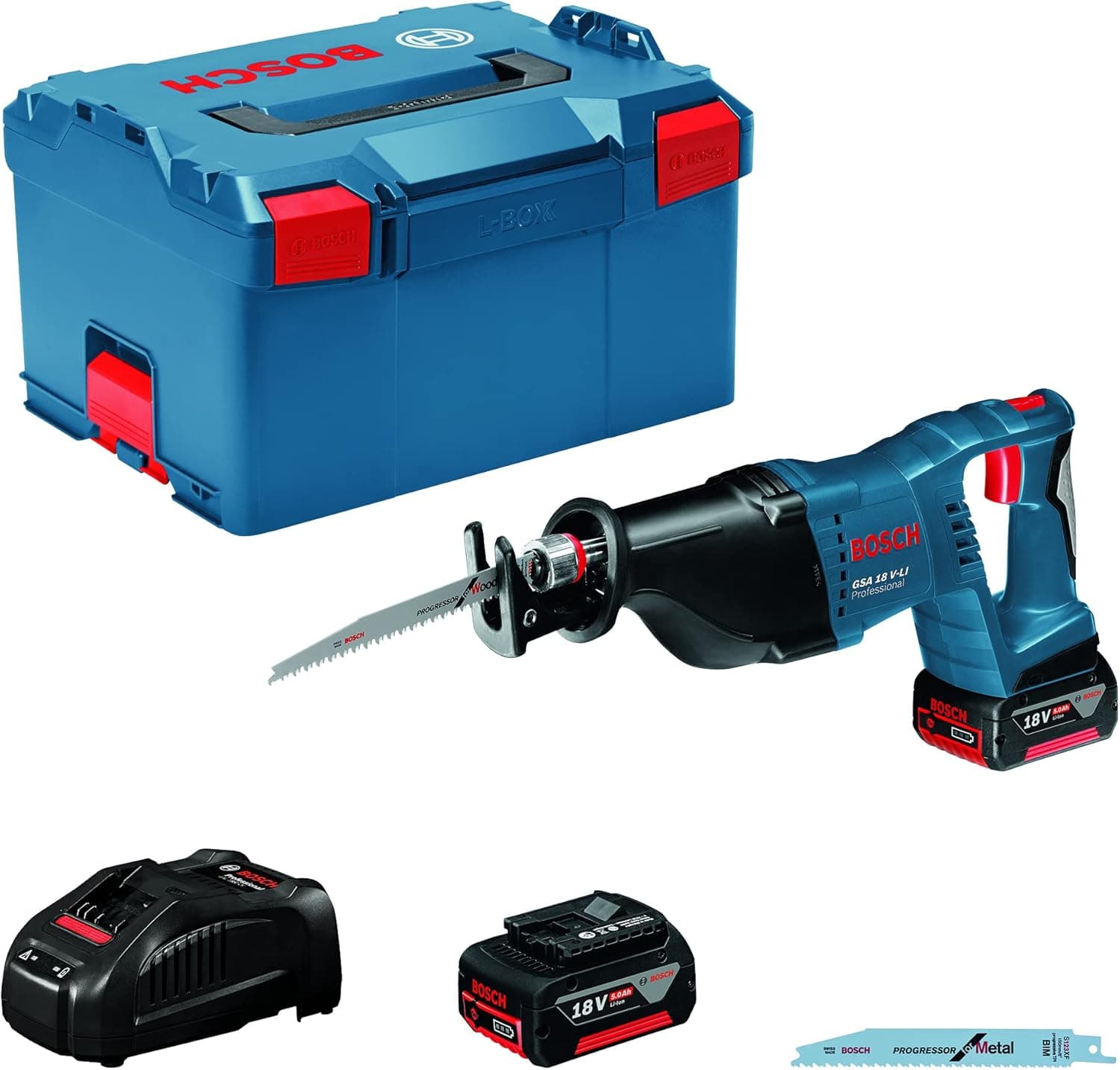 Bosch Professional GSA 18 V-LI - Sierra sable a batería (2 baterías x 5.0 Ah, 18 V, 2.400-2.700 cpm, control de velocidad, en L-BOXX)