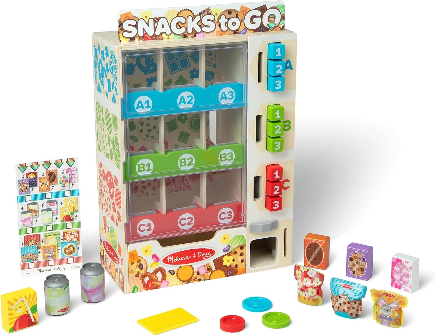 MELISSA & DOUG - Máquina Expendedora de Madera con 16 Piezas: Comida de Juguete, Monedas y Tarjeta - 6073586 - Juguetes Niños 3 años + - Regalo Niño 3 años + - Montessori