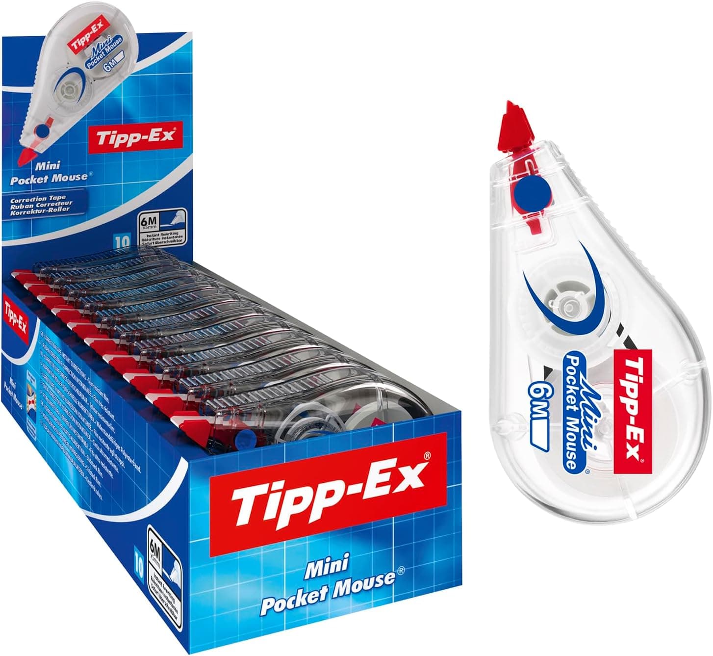 Tipp-Ex Mini Pocket Mouse Cinta Correctora - 6 m x 5 mm, caja de 10 Unidades, óptimo para oficinas, Multicolor
