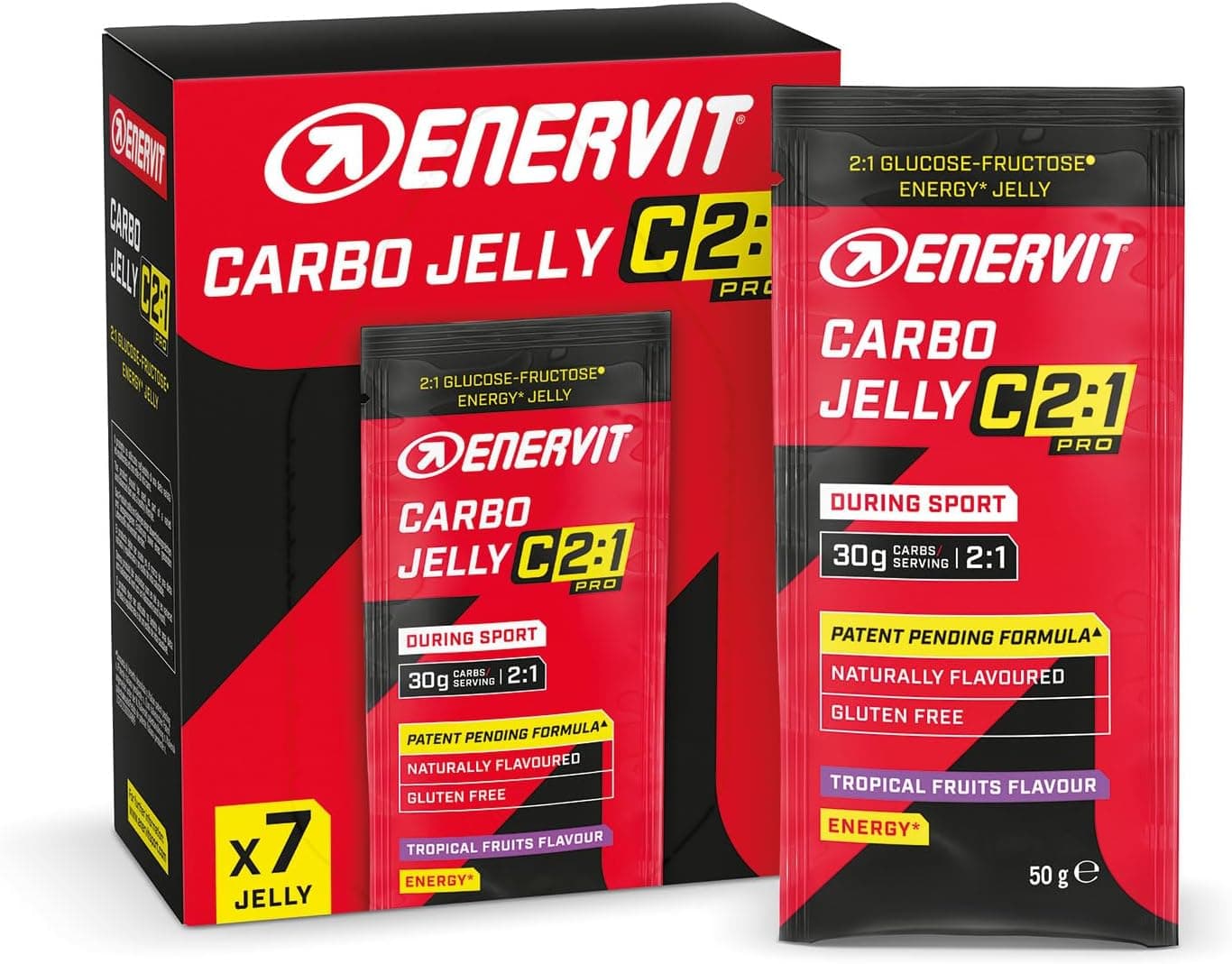 Enervit Carbo Jelly C2:1PRO, Gelatinas Energéticas para Actividades de Resistencia de Alta Intensidad, 30g de Carbohidratos, Sabor Tropical, Máxima Tolerancia, Sin Gluten, Vegano, Caja de 7 Paquetes