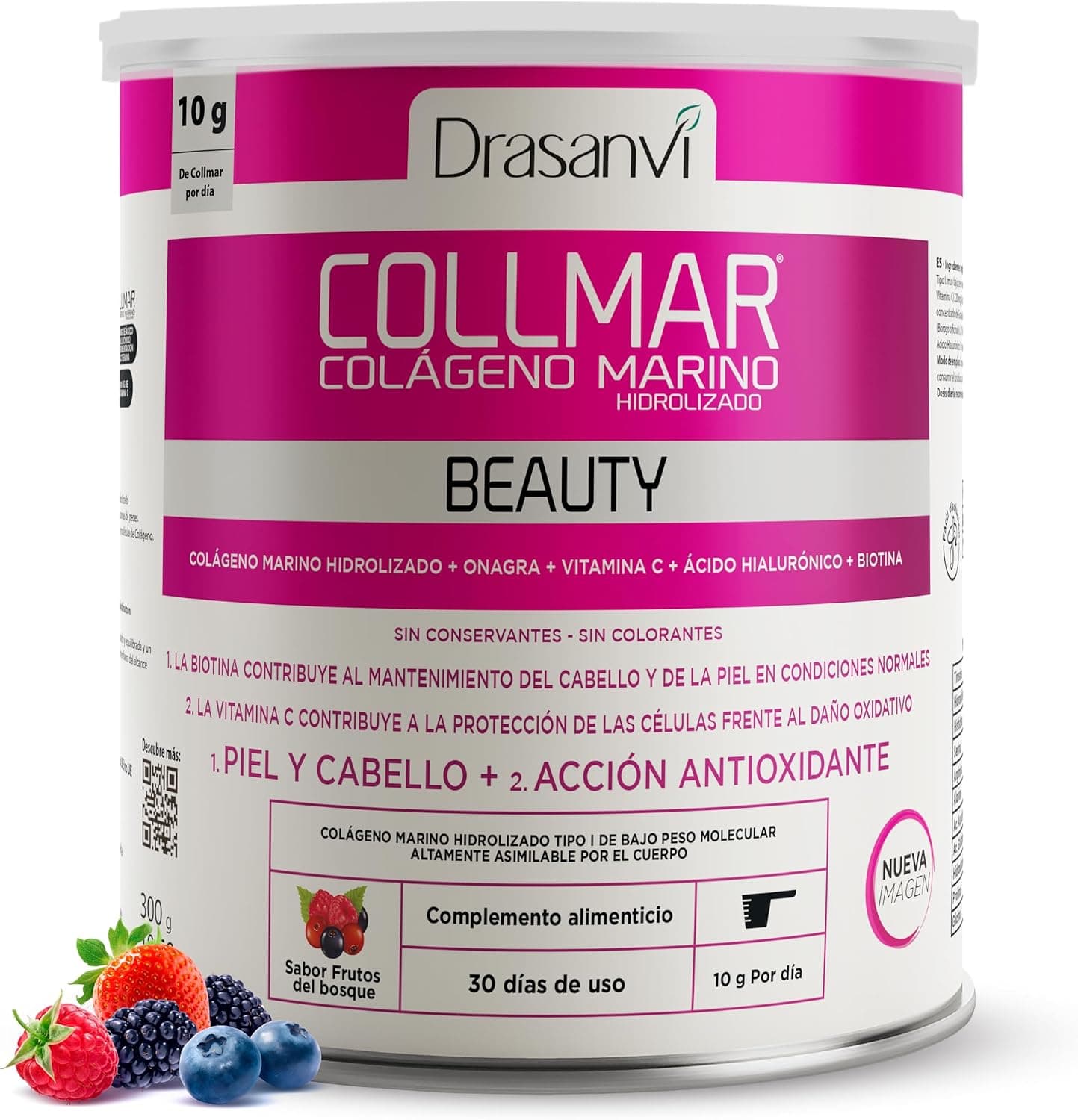 DRASANVI COLLMAR BEAUTY COLAGENO ACIDO HIALURONICO | Colágeno Marino Hidrolizado con Vitamina C Natural y Biotina |Beauty Collagen Piel Bonita e Hidratada| Sabor Frutos del Bosque, 300 GR= 30 Días