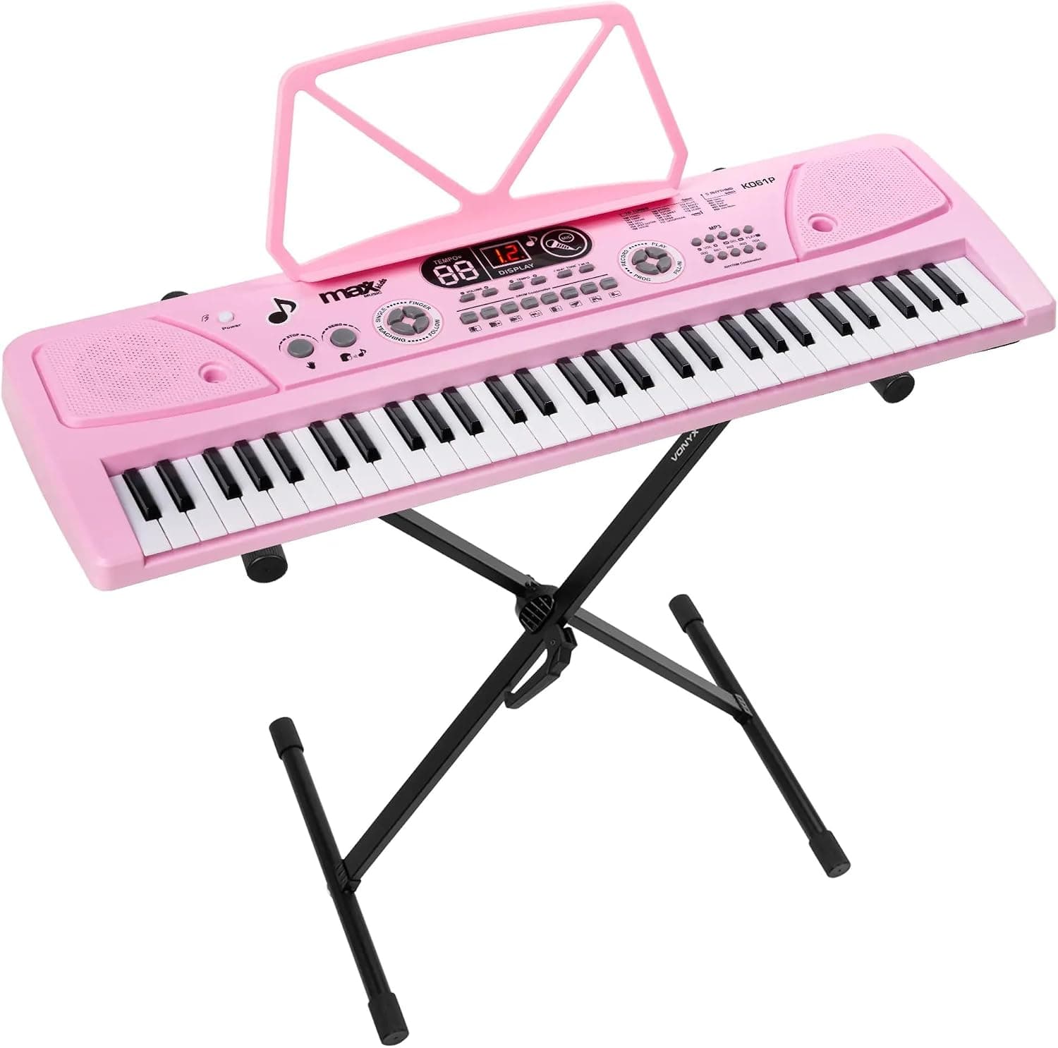MAX KD61P - Piano infantil digital rosa de 61 teclas con soporte