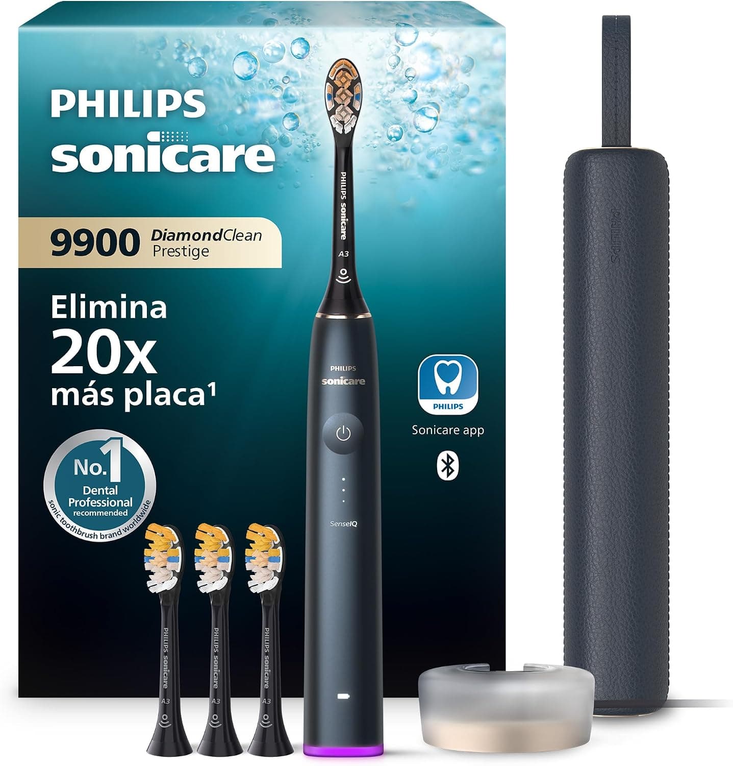 Philips Sonicare DiamondClean 9900 Prestige cepillo dental eléctrico, con tecnología SenseIQ y aplicación, 5 modos de cepillado, estuche de viaje con carga, azul medianoche, modelo HX9992/45